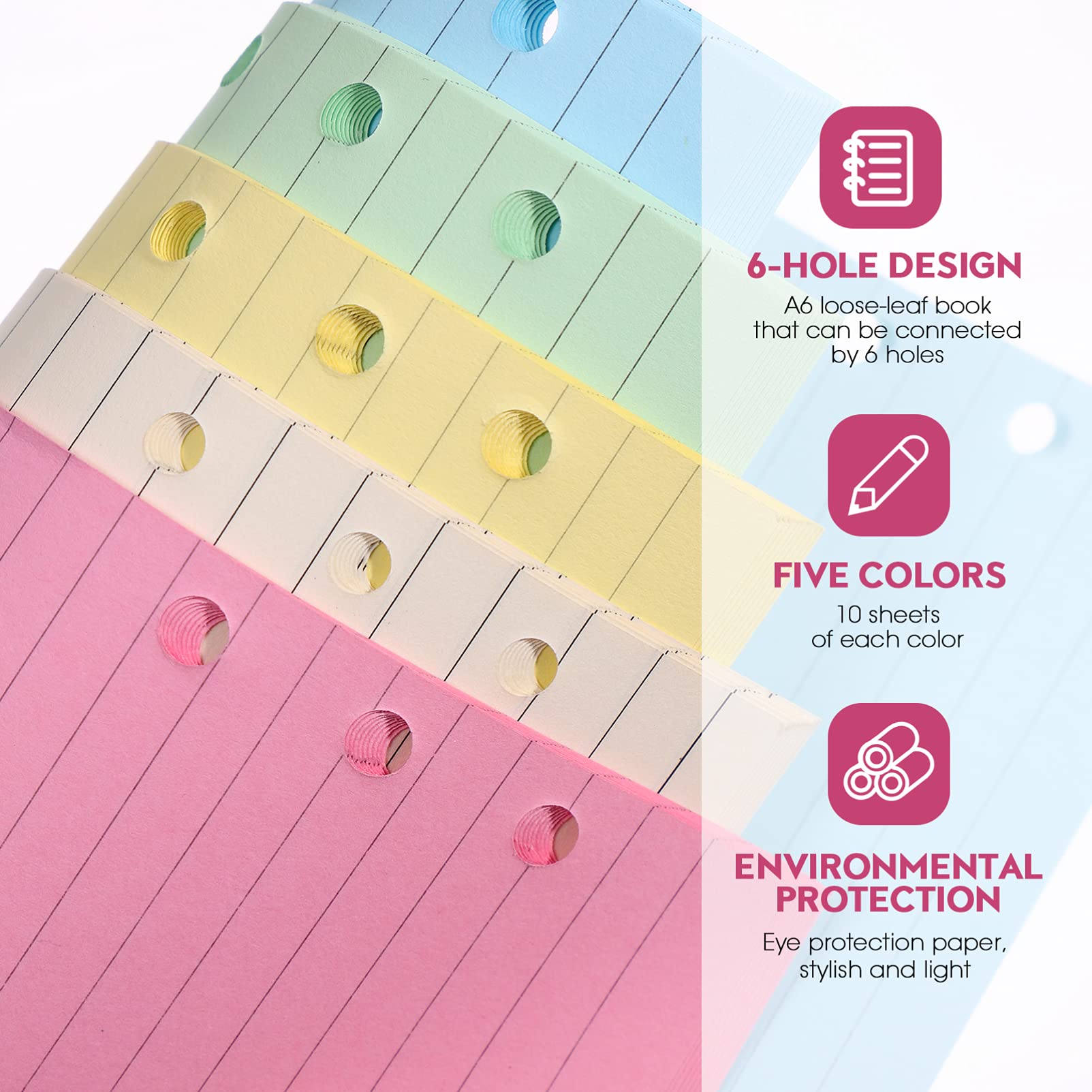 Alipis 50-Pack A5 Lined Paper Inserts for 6-Ring Binder - Loose Leaf Notebook Paper, Detachable Planner Fillers, Journal Refills - Perfect for School, Office, and Home Organization