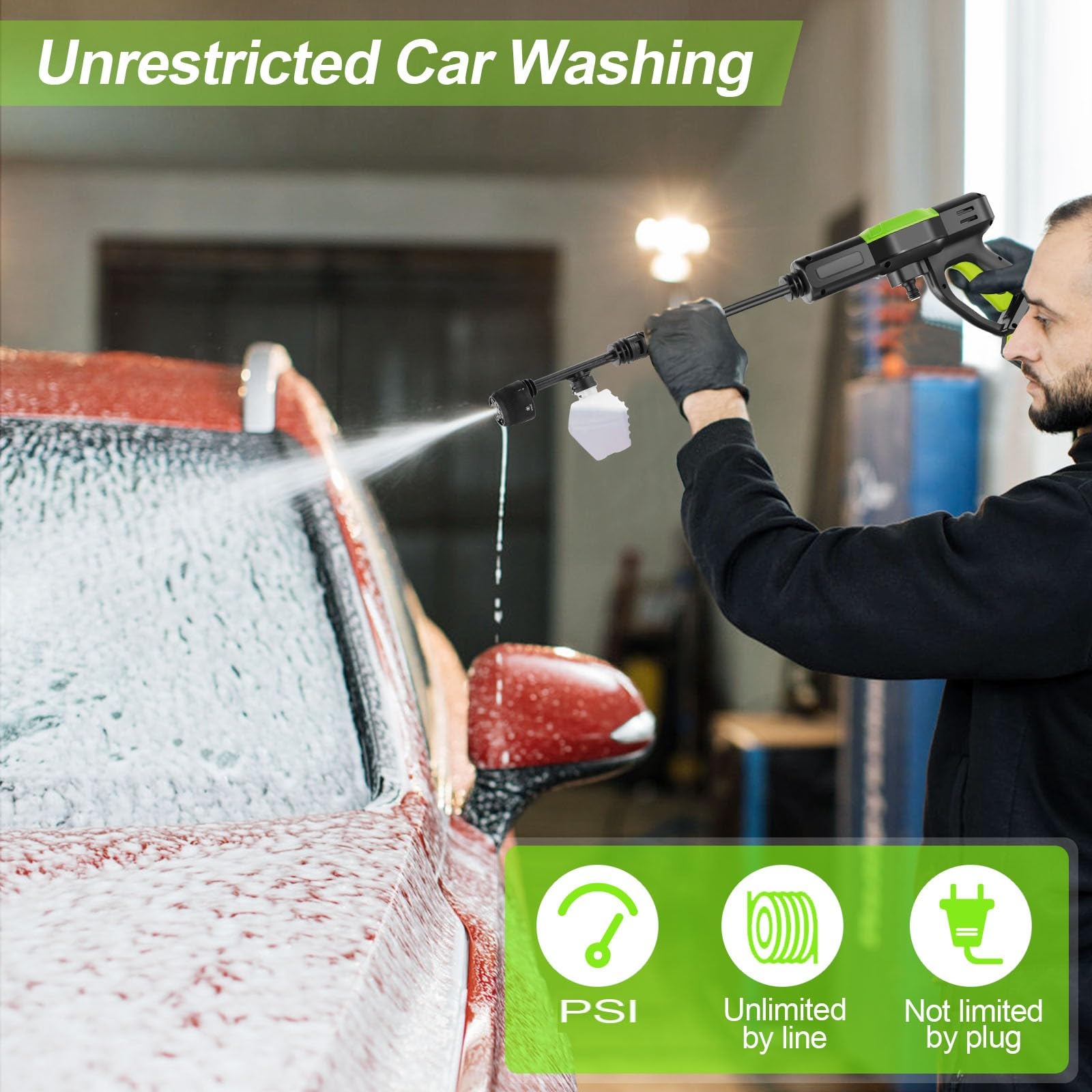 Homdox 960 PSI 40V Cordless Pressure Washer with Rechargeable Battery - Portable Power Washer with 6-in-1 Nozzle, Soap Container & Charger - Ideal for Car Washing, Patio Cleaning & Outdoor Home Maintenance (Black & Green)
