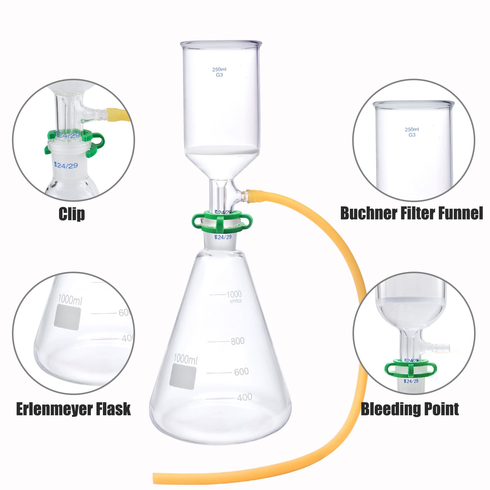 Premium 1000ml Filter Flask & 250ml Buchner Funnel Kit - G3 Borosilicate Glass Vacuum Filtration Distillation Apparatus for Chemistry Labs, Home Brewing, and Essential Oil Extraction