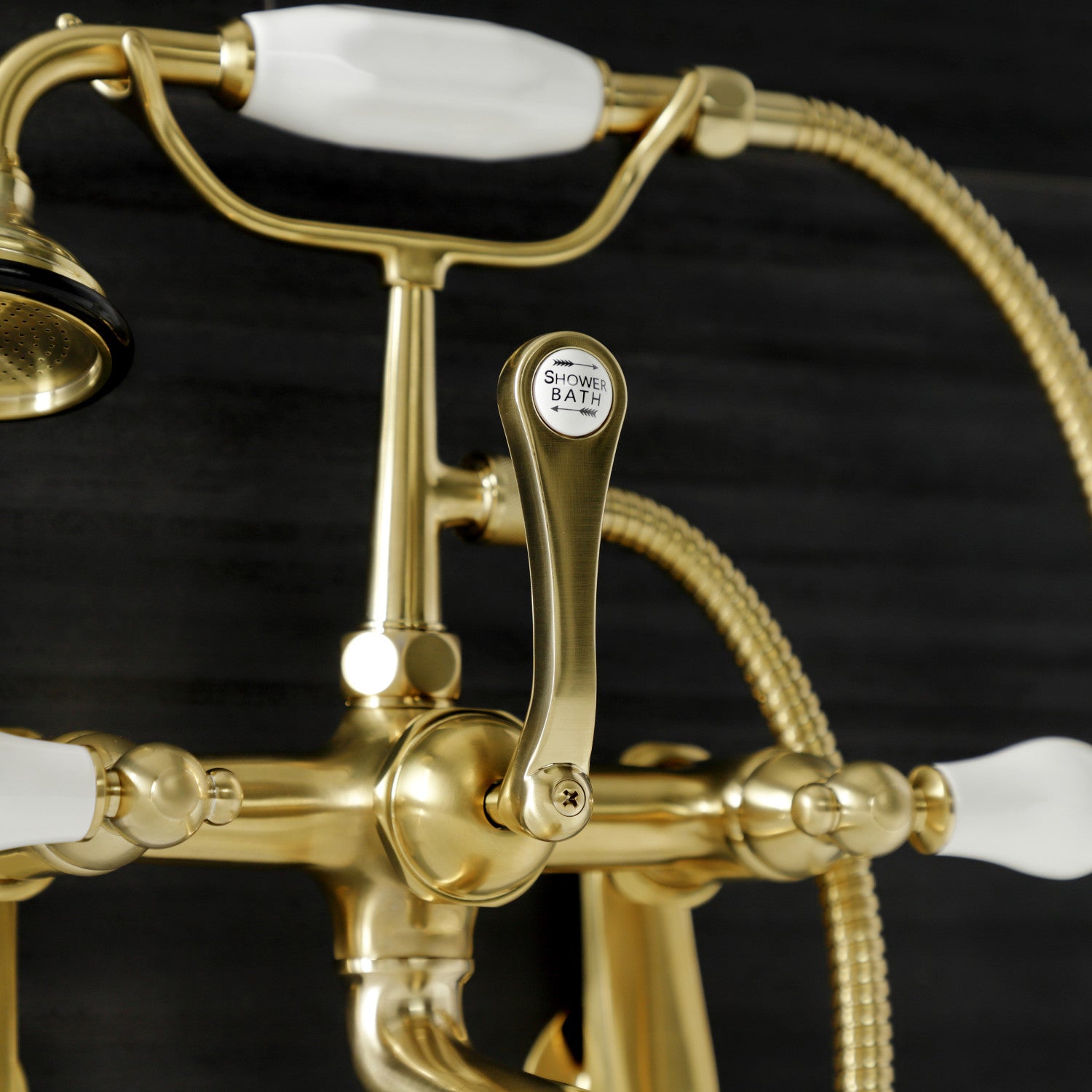 Vintage Style AE55T7 Three Handle 2 Hole Wall Mount Clawfoot Bathtub Faucet with Hand Shower in Brushed Brass - Perfect for Classic Bathroom Renovations and Luxury Spa Retreats