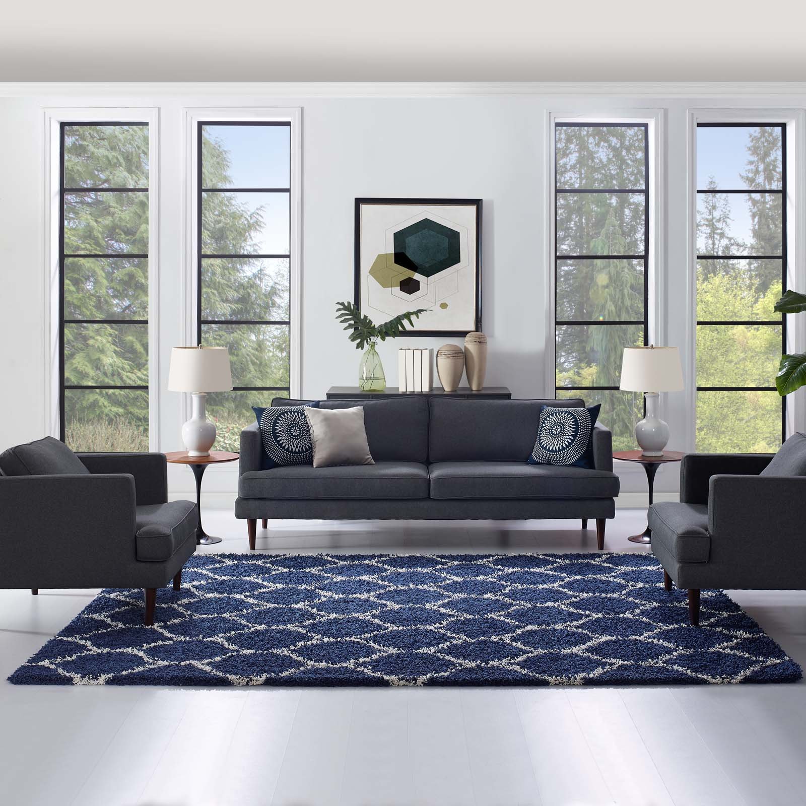 Modern Contemporary Urban Living Room Area Rug - Soft Fabric Floor Carpet in Multi Navy Blue - Perfect for Lounge, Bedroom & Home Decor