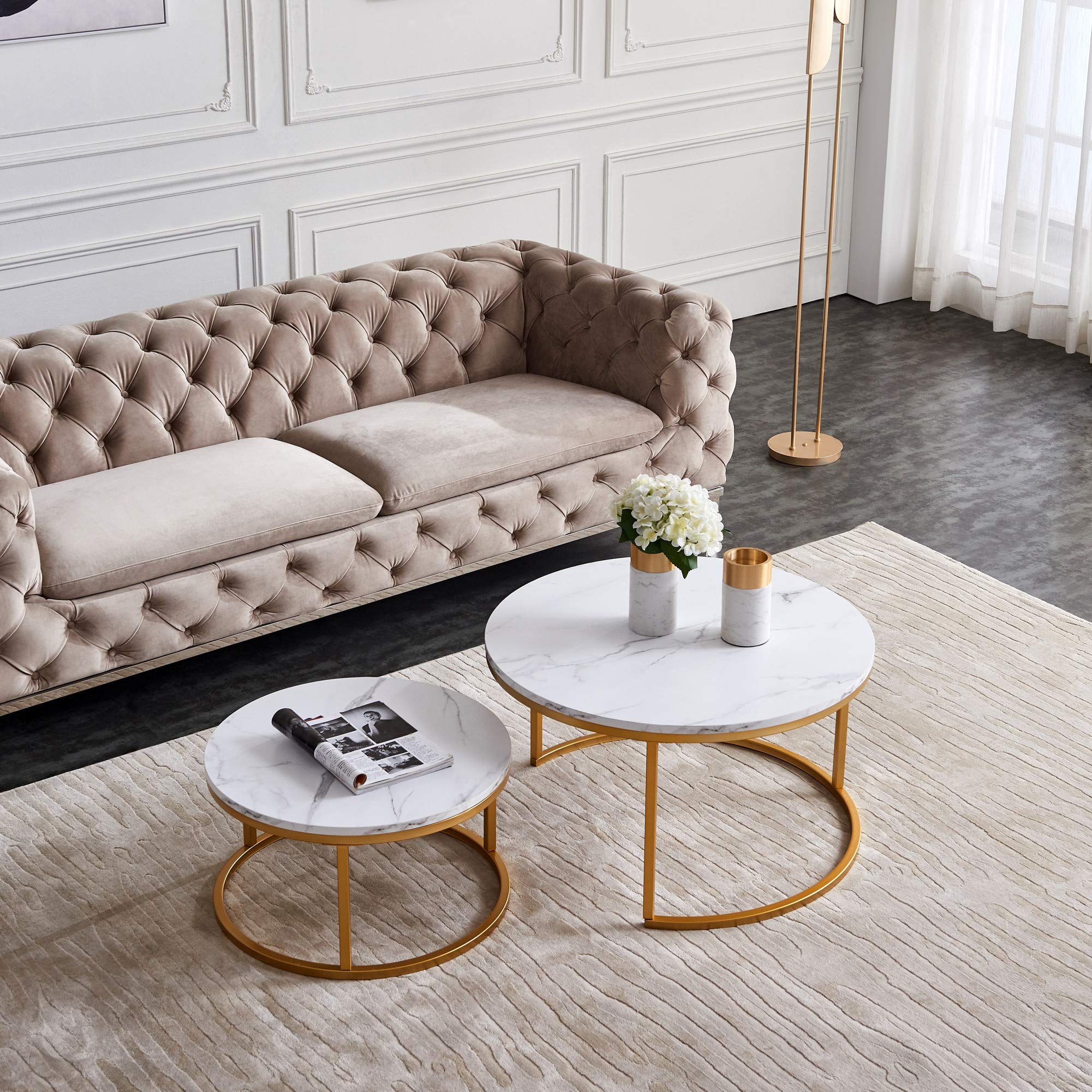 Modern Nesting Coffee Table Set of 2 - Golden Metal Frame with Marble Wood Top - 32