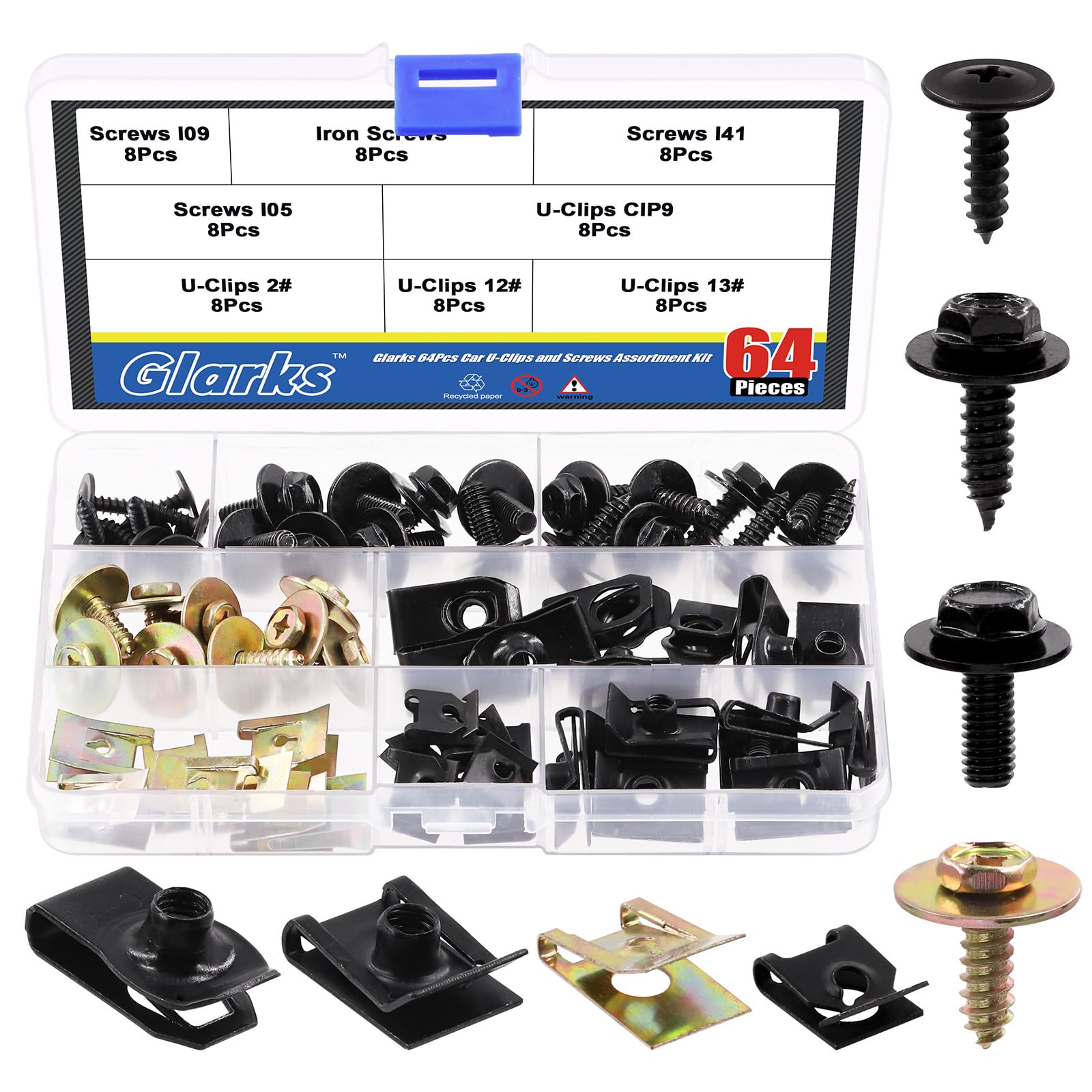 Glarks 64Pcs U-Clips and Body Bolts Screws Assortment Kit - 8 Sizes Auto Car Fasteners with Self Tapping Screws for Bumper, Fender, Trim Panels - Perfect for Car Repair, DIY Auto Maintenance and Vehicle Bodywork