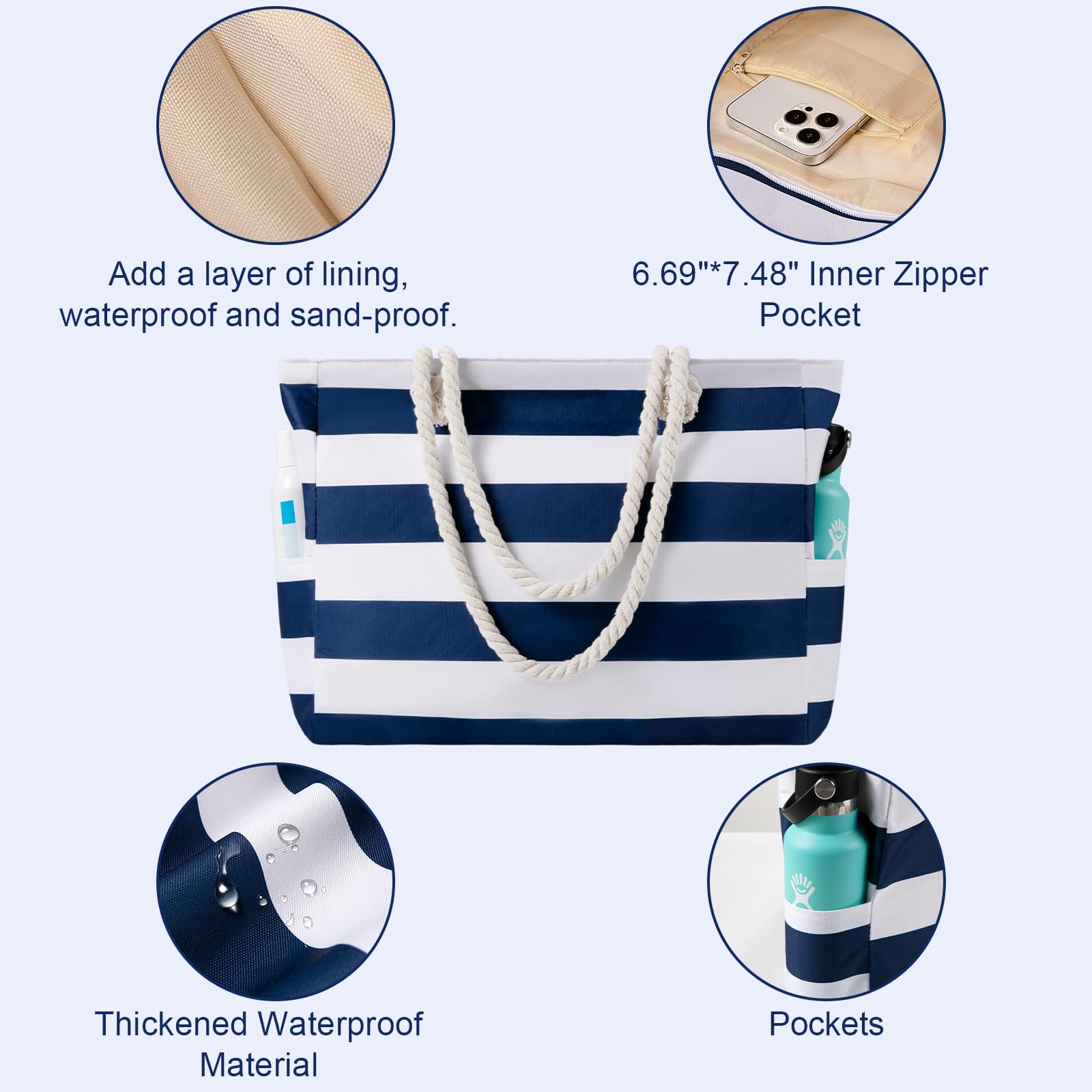 Women's Waterproof Beach Tote Bag with Zipper - Large Sandproof Pool Bag for Swimming & Travel