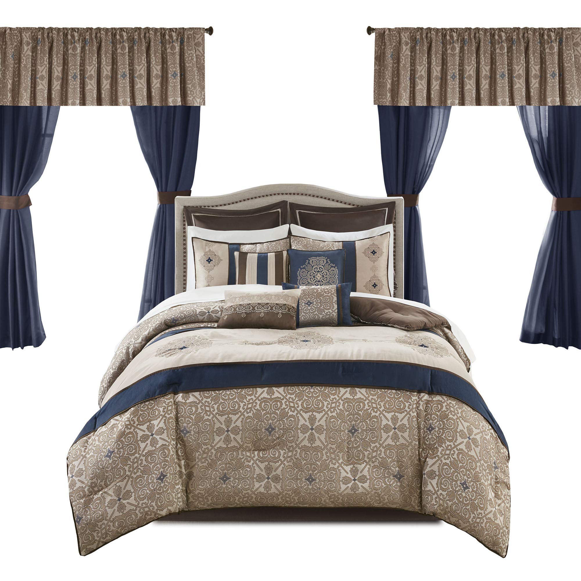 Madison Park Essentials Delaney 24-Piece Luxury Bedding Set - Satin Jacquard Comforter, Sheets, Decorative Pillows & Curtains - All Season King Size (104