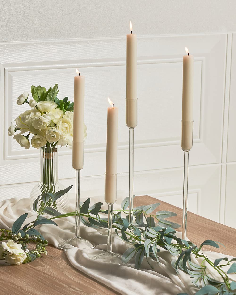 Glass Taper Candle Holders Set of 4 - Clear Tall Candlesticks with Different Heights for Wedding Centerpieces, Party Decor, Table Setting & Home Decoration