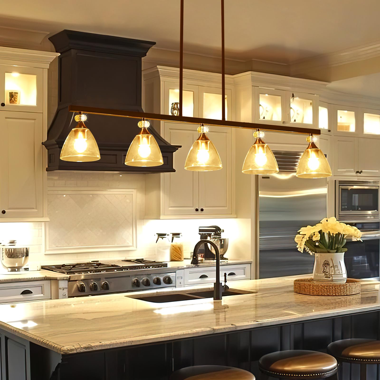 5-Light Gold Finish Kitchen Island Pendant Lighting with Clear Glass Shades - Modern Chandelier for Dining Room, Kitchen Island, Living Room, Bar Counter & Entryway Lighting Decor