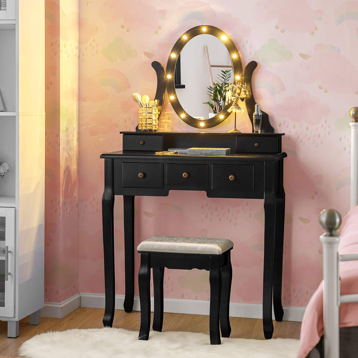 GOFLAME 360° Rotating Oval Makeup Mirror Vanity Set with LED Lights - Dressing Table & Cushioned Stool, 5 Sliding Drawers, Detachable Top - Perfect for Bedroom, Dressing Room, Home Decor (Black) | Ideal for Makeup Application, Skincare Routine & Home Organization