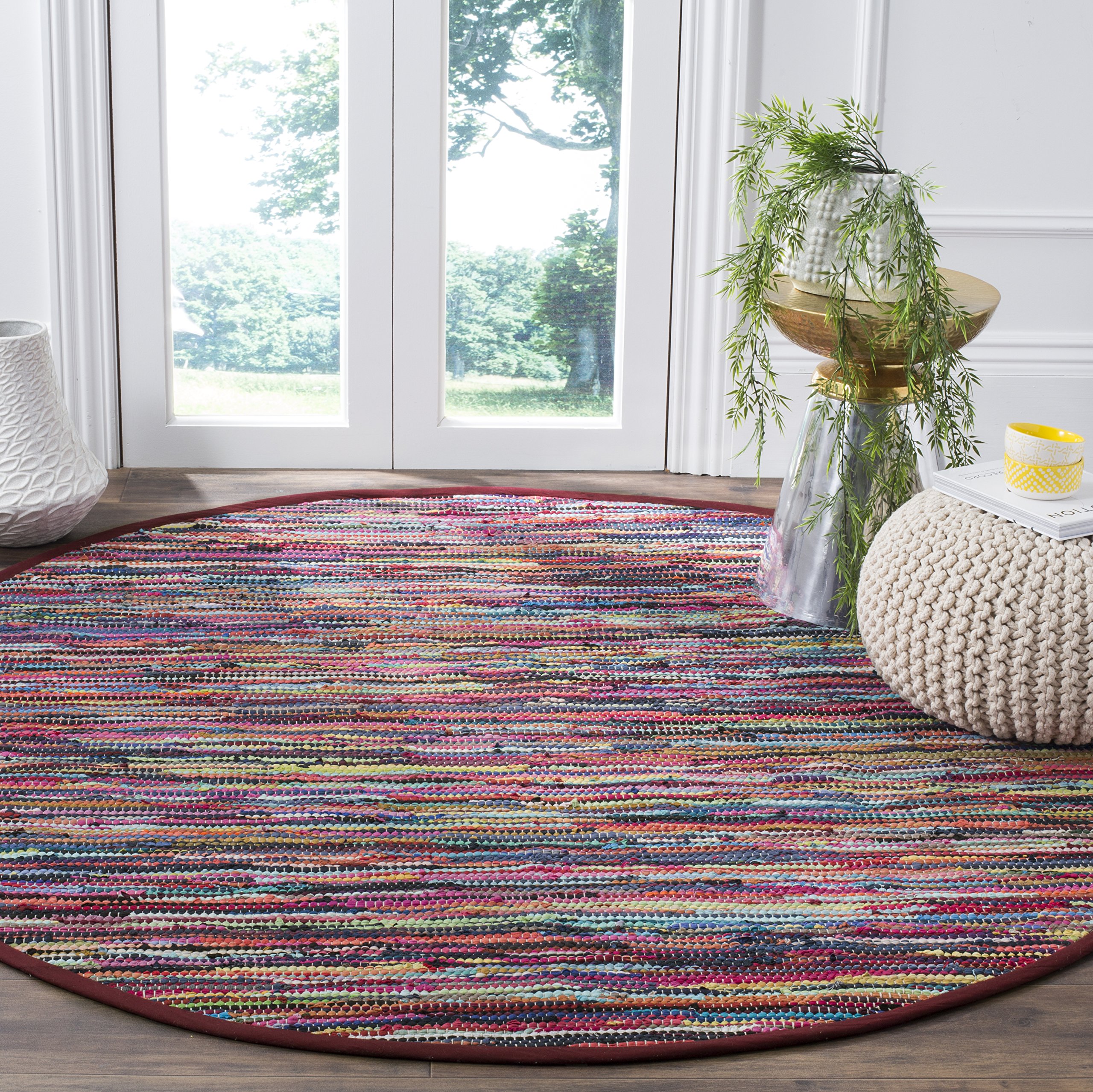 SAFAVIEH Handmade Boho Stripe Cotton Area Rug 8' Round - Vintage Distressed Rag Rug Collection (RAR128G) for Living Room, Bedroom & Boho Home Decor