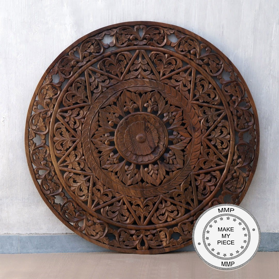 Hand Carved Indian Solid Wood Brown Panel - Authentic Handmade Home Decor for Living Room, Bedroom & Office