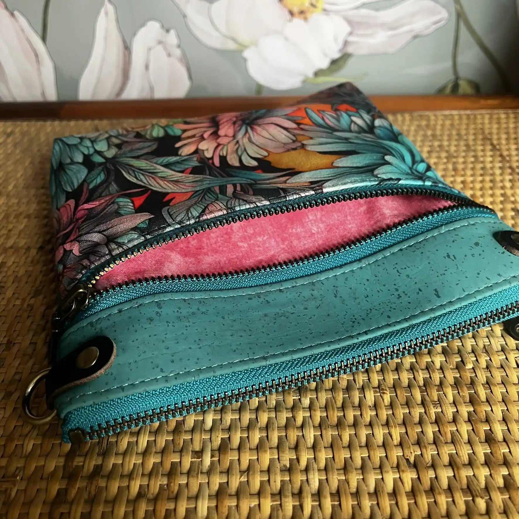 Izzy's Mom Cross Body Bag (Medium) - Turquoise Cork with Sunlit Dahlias Print & Brushed Antique Finish | Stylish Women's Purse for Everyday Use, Travel & Casual Outings