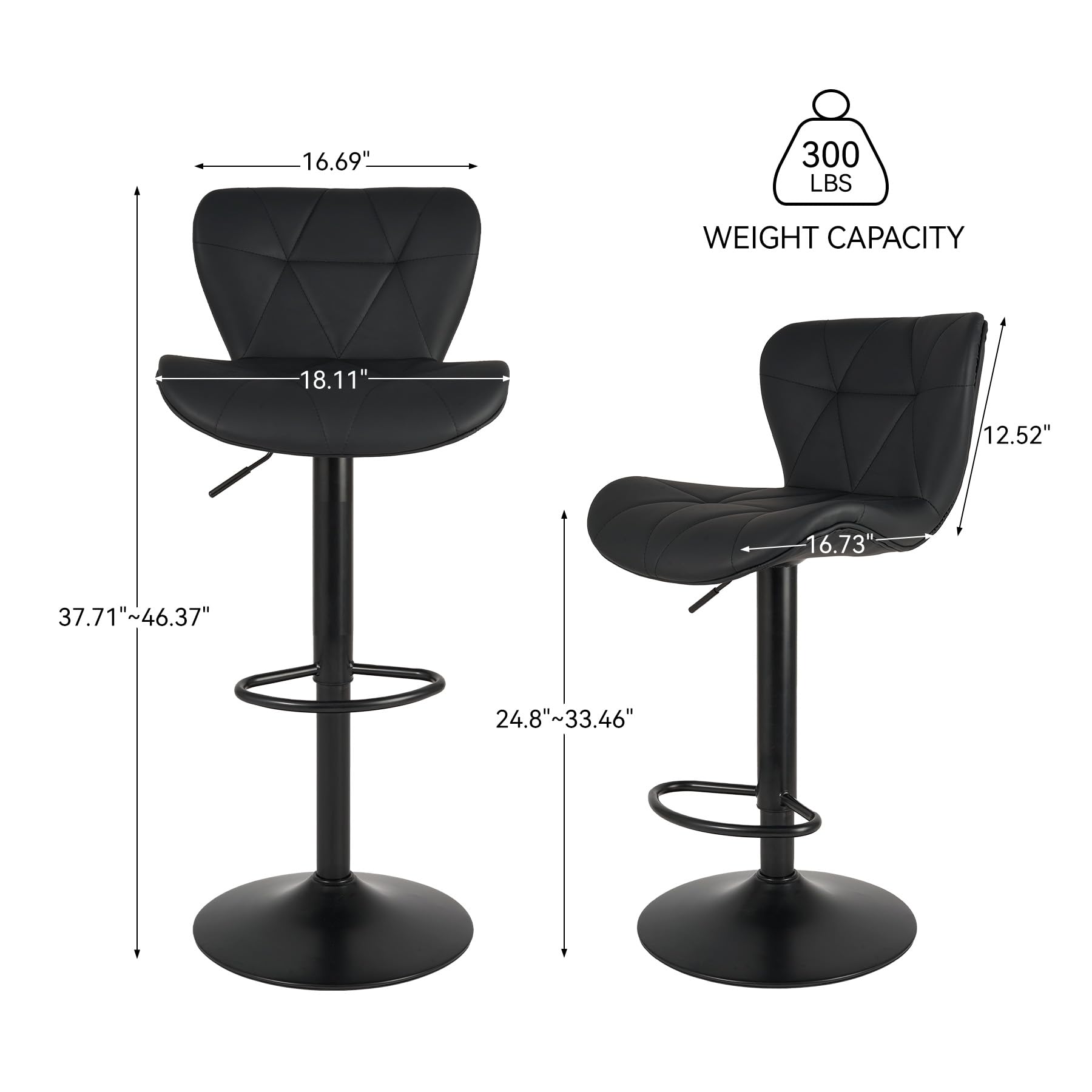Modern Bar Stools Set of 2 - Adjustable Height Faux Leather Swivel Counter Stools with Back Support for Kitchen Island, Dining Bar & Home Decor - Black