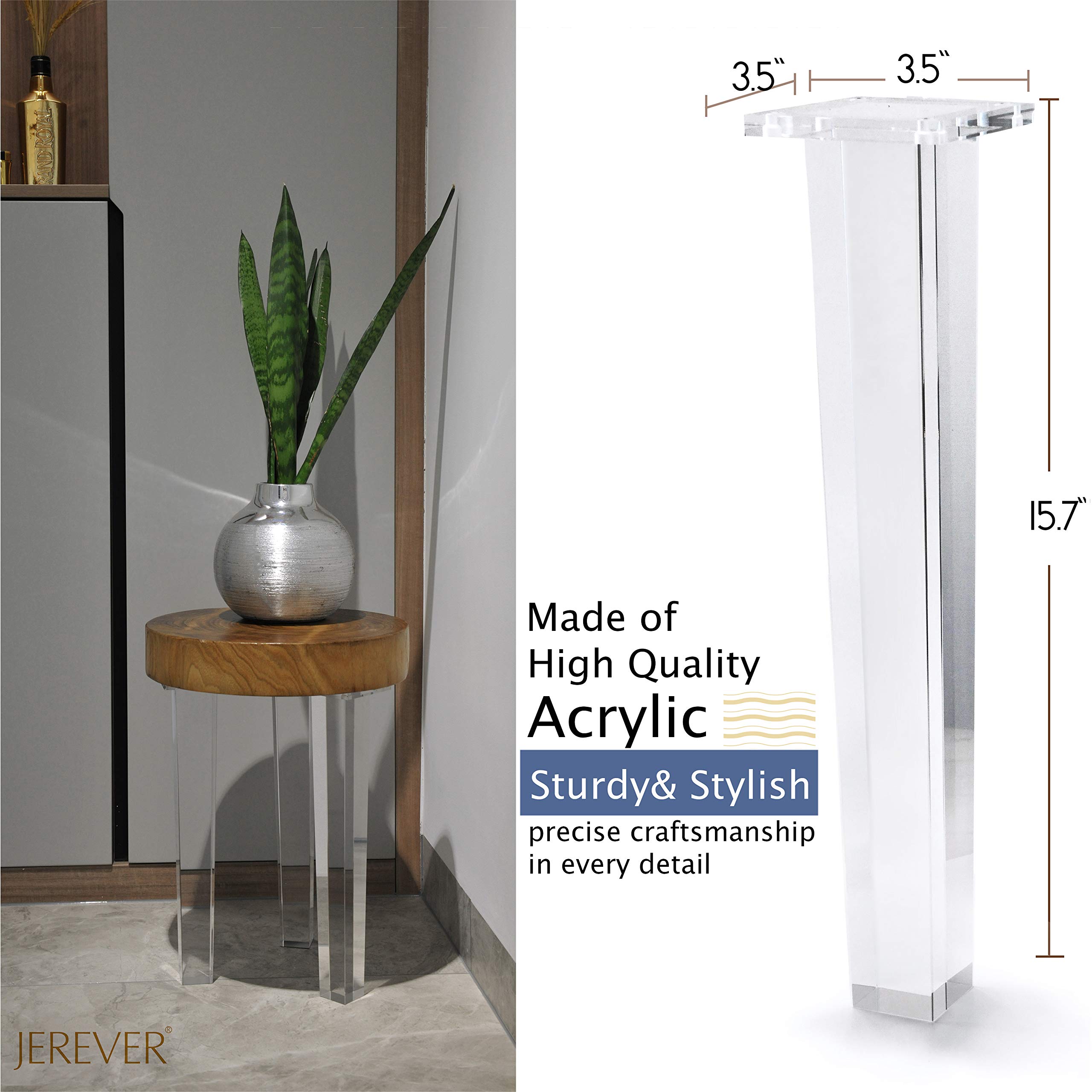 JEREVER 16 Inch Clear Acrylic Furniture Legs Set of 4 - Modern Square Replacement Legs for Coffee Tables, Desks, Benches & DIY Home Decor Projects | Perfect for Living Room, Office & Bedroom Furniture Upgrades