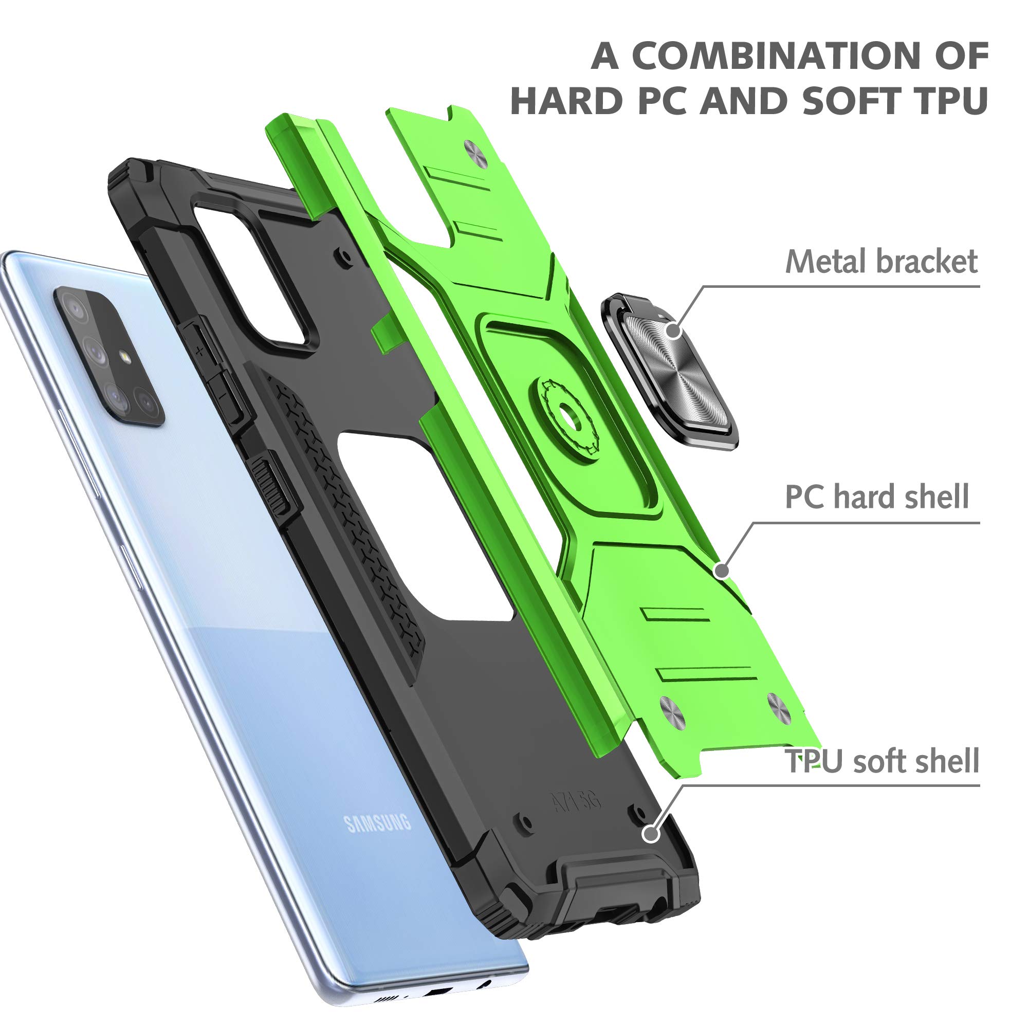 Samsung Galaxy A71 5G Case with Tempered Glass Screen Protector - Military Grade Protective Phone Cover with Magnetic Car Mount & Kickstand (Green) - Perfect for Work, Travel, and Outdoor Activities