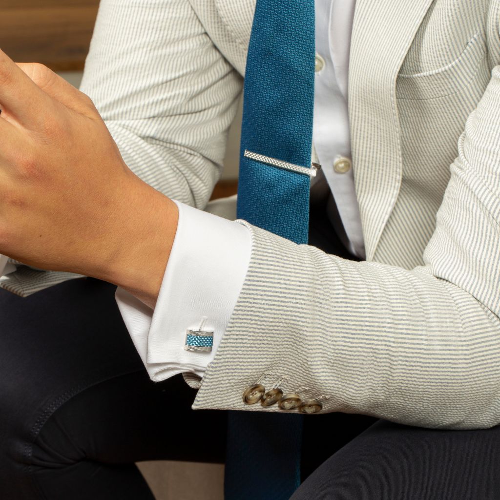 TATEOSSIAN D Shape Cufflinks for Men - Blue and Silver Stainless Steel Dress Accessories - Perfect for Weddings, Business Meetings & Formal Events