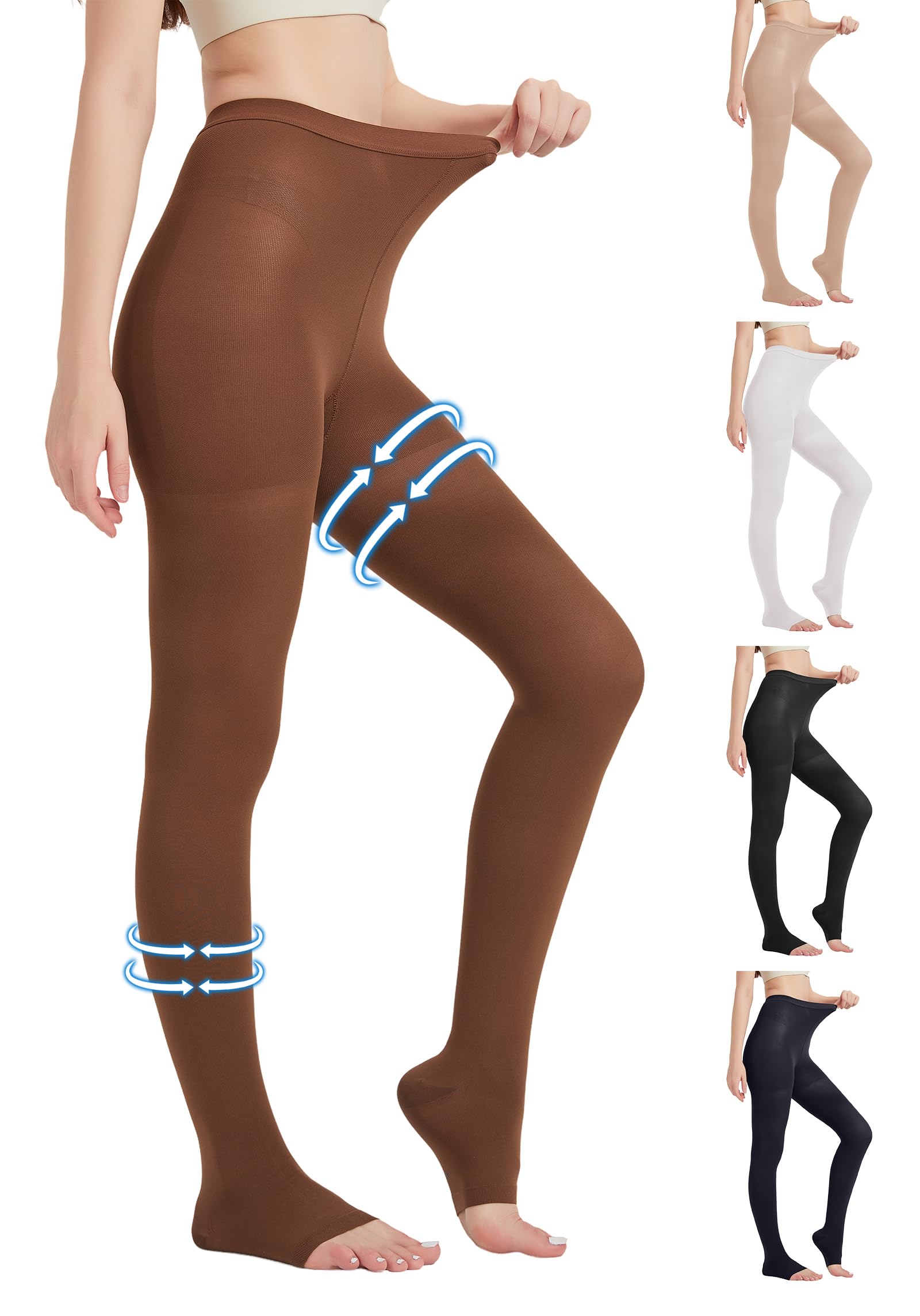 MGANG Medical Compression Stockings for Women & Men - 15-20mmHg Graduated Support Tights, Open Toe, Opaque Waist-High for Edema, Varicose Veins, DVT & Travel - Ideal for Nurses, Pregnant Women & Long Flights (Brown)