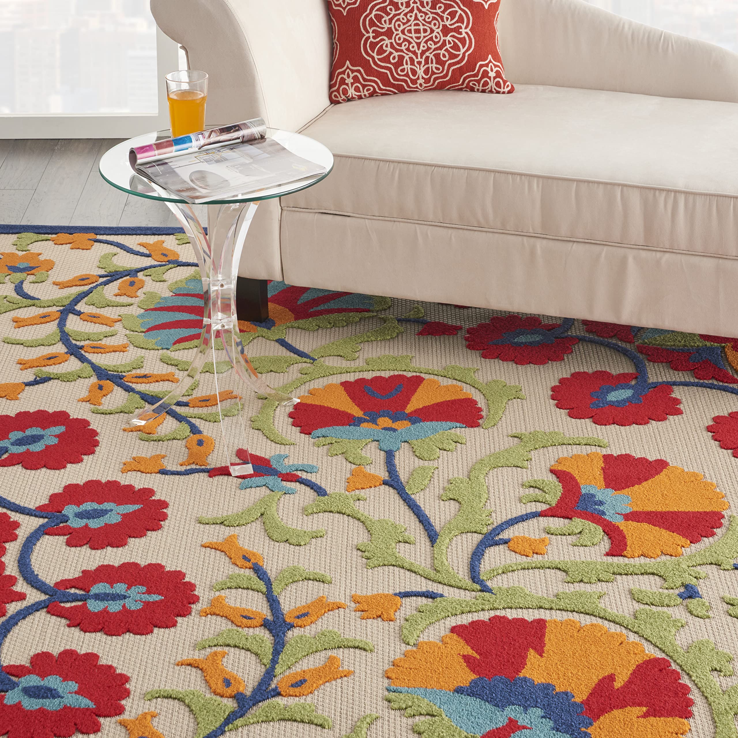Nourison Aloha 6' x 9' Indoor/Outdoor Area Rug - Easy to Clean, Non-Shedding, Fade & Stain Resistant - Perfect for Bedroom, Living Room, Dining Room, Deck, Backyard & Patio - Tropical Red/Multi Design for Coastal & Boho Home Decor
