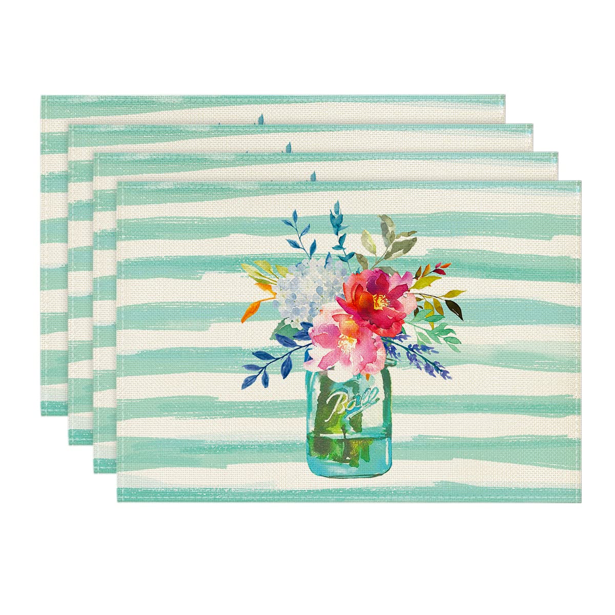 Artoid Mode Watercolor Stripes Flower Vase Spring Placemats Set of 4 - 12 x 18 Inch Washable Table Mats for Dining Room Decor, Seasonal Holiday Table Setting, Rustic Vintage Kitchen & Summer Party Decoration