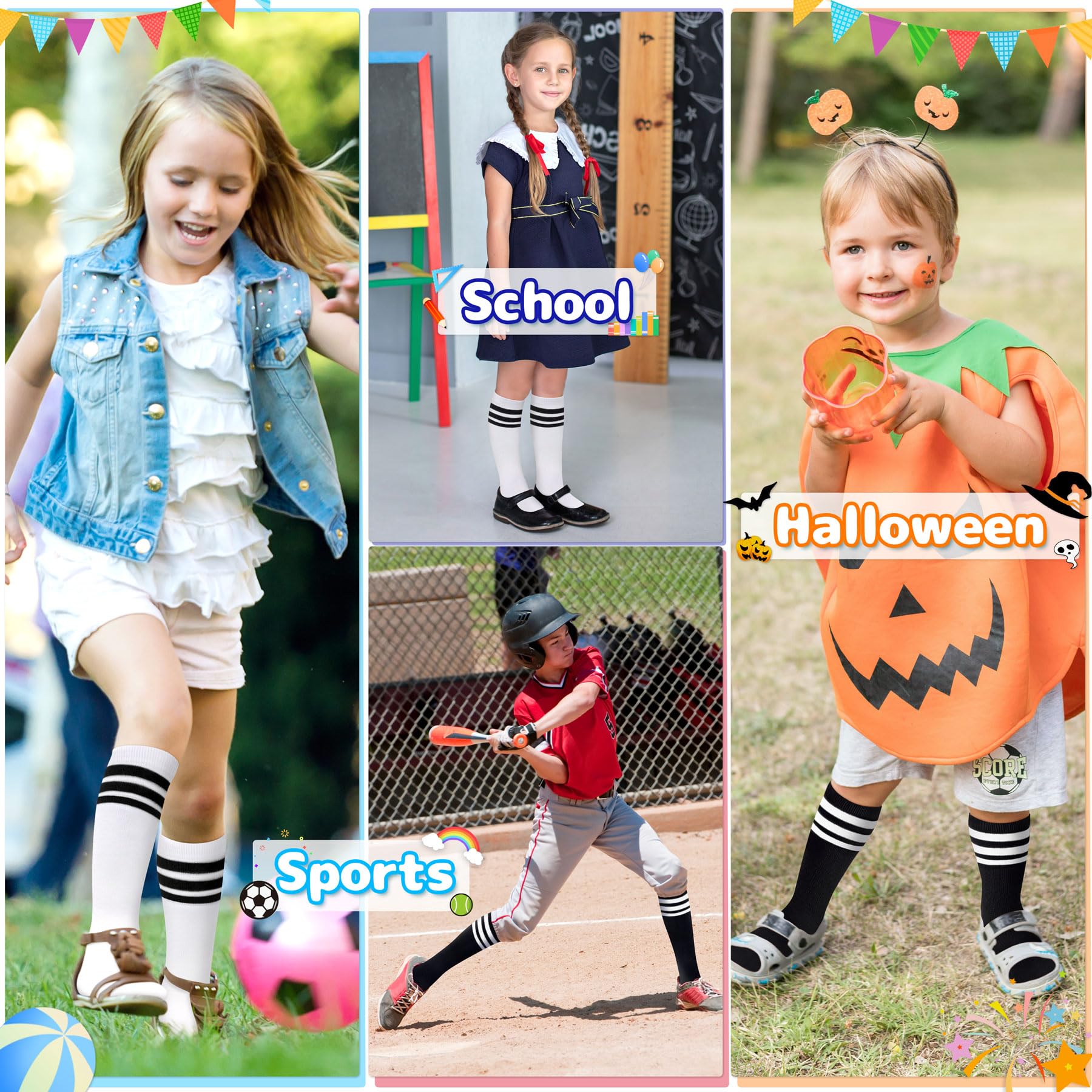 Olreco 4 Pack Kids Soccer Socks - Breathable Cotton Youth Socks for Boys & Girls - Perfect for Soccer, Softball, Baseball & Sports Activities