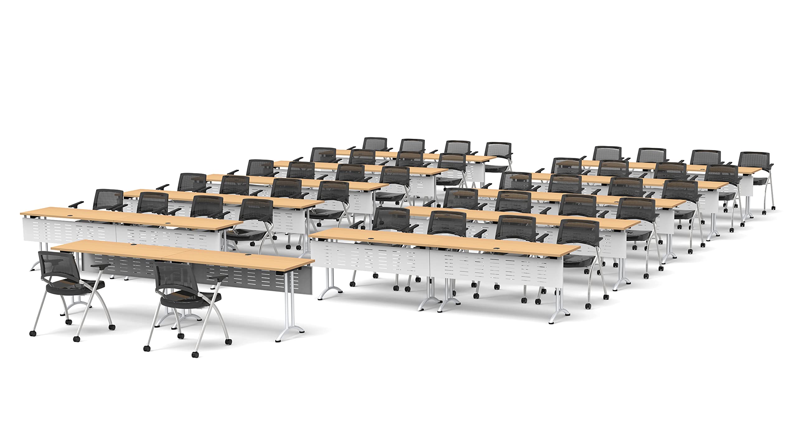 42-Person Conference Table Set - 86-Piece Folding Beechwood Training Table with Task Chairs & Modesty Panels | Connectable Tables for Classrooms, Seminars & Meetings | Space-Saving Foldable & Nestable Design for Easy Storage | Perfect for Corporate Training, School Classrooms & Event Spaces