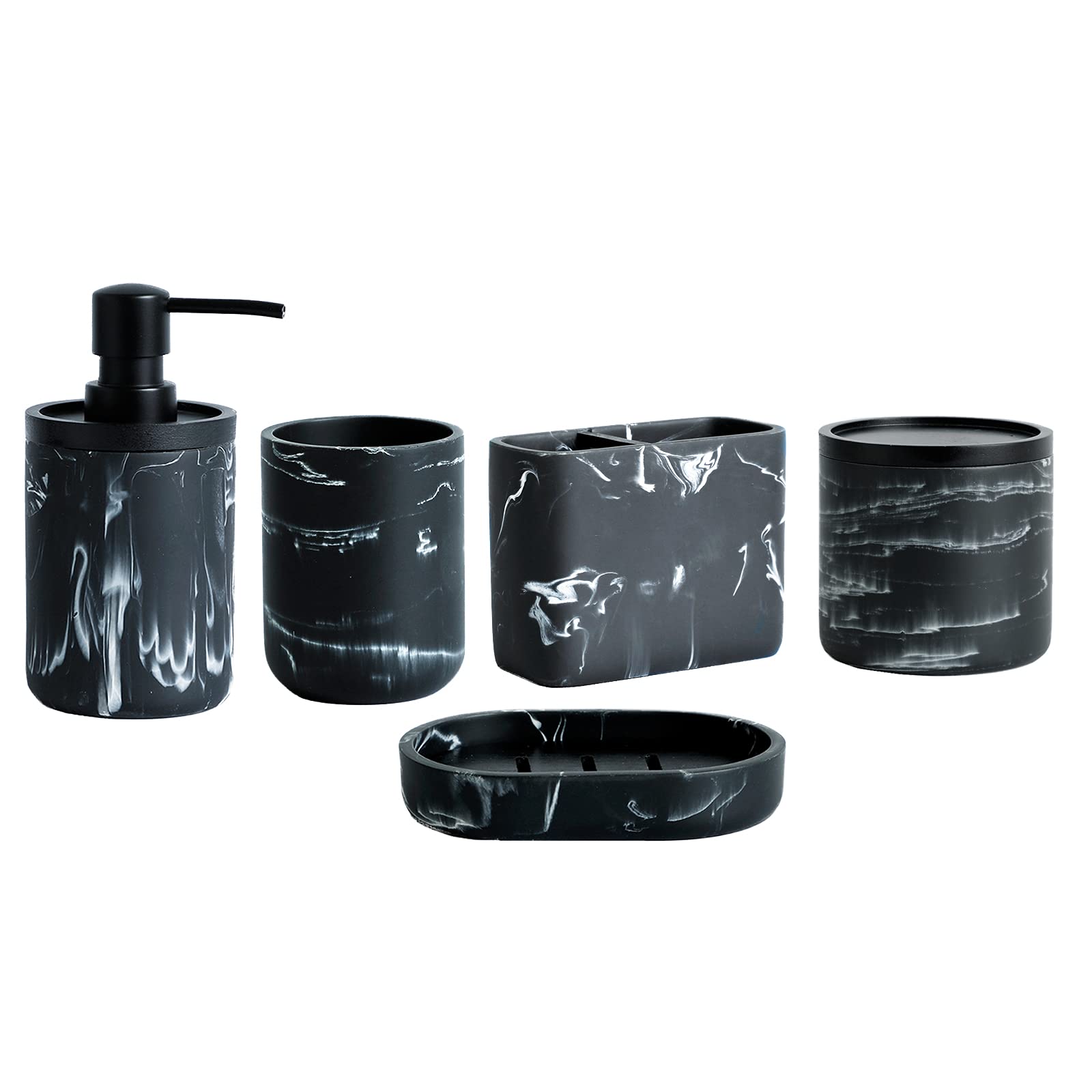 6-Piece Bathroom Decor Set - Imitation Marble Soap Dispenser, Toilet Brush Holder, Soap Dish, Toothbrush Cup & Cotton Swab Box - Elegant Black Resin Accessories for Modern Bathroom Organization