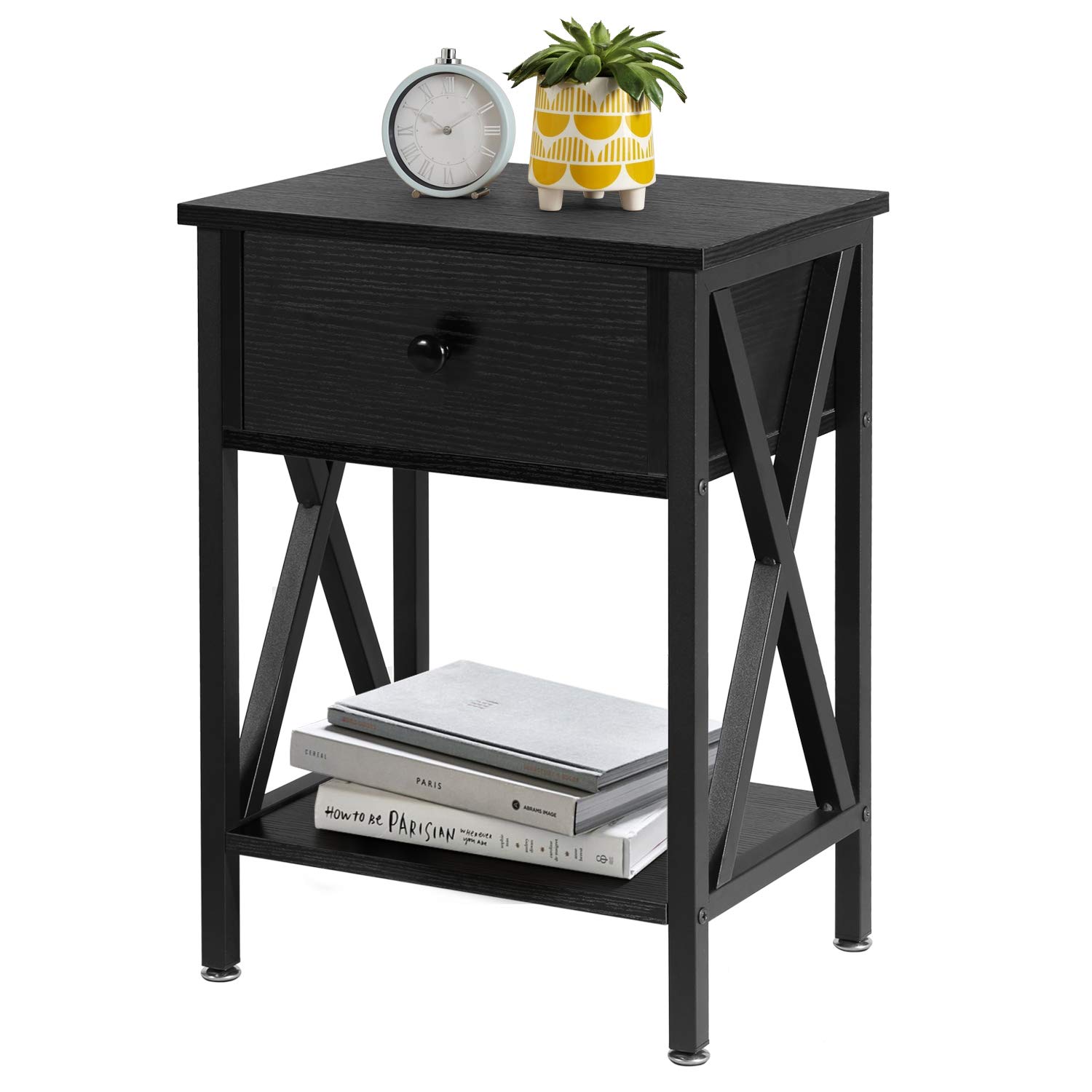 Rustic Nightstand with Drawer Storage - VECELO Classic Black Bedside End Table for Bedroom | Perfect for Small Spaces, Apartment Living & Guest Rooms