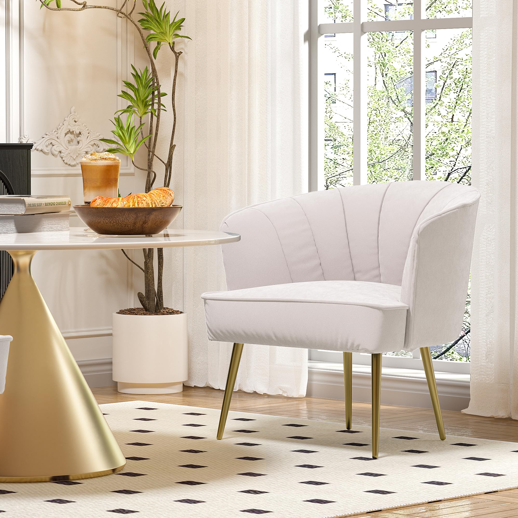 Modern Velvet Lounge Chair with Golden Metal Legs - Stylish Side Chair for Living Room, Bedroom, Home Office & Dressing Room - White Velvet Accent Chair - Perfect for Relaxing, Reading & Home Decor