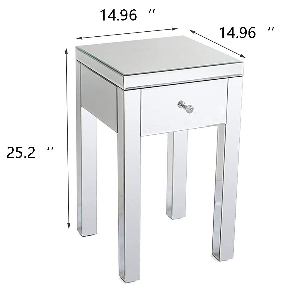 Goujxcy Modern Mirrored End Table with Drawer - Silver Finish Accent Nightstand for Bedroom, Living Room & Office | Stylish Bedside Table with Storage Space