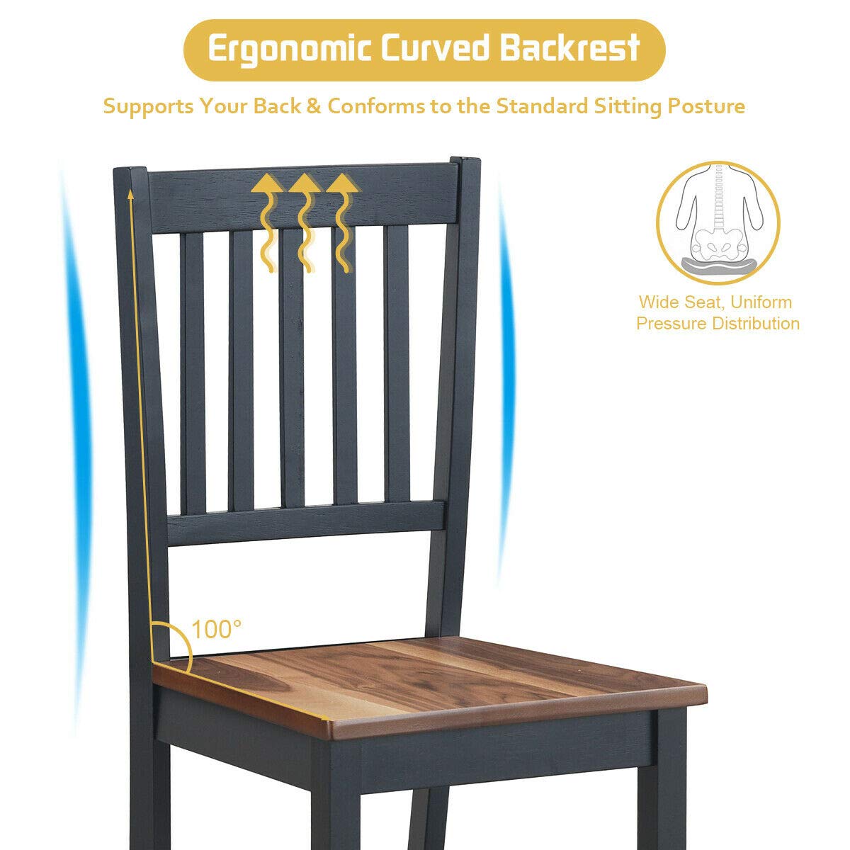 COSTWAY Set of 4 Dining Chairs - Solid Rubber Wood Armless Side Chairs with Slat Back, Black Base & Walnut Seat - Perfect for Home Kitchen, Dining Room, Breakfast Nook & Small Space Decor