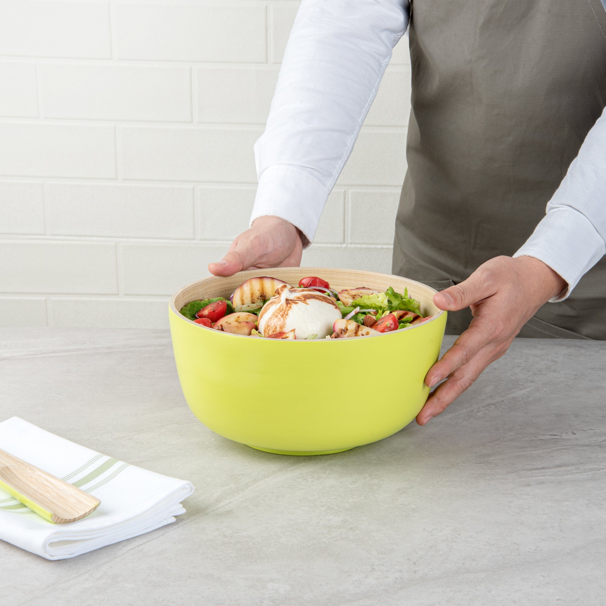 Bambuddha 25 oz Round Green Spun Bamboo Salad Bowl - 9.5