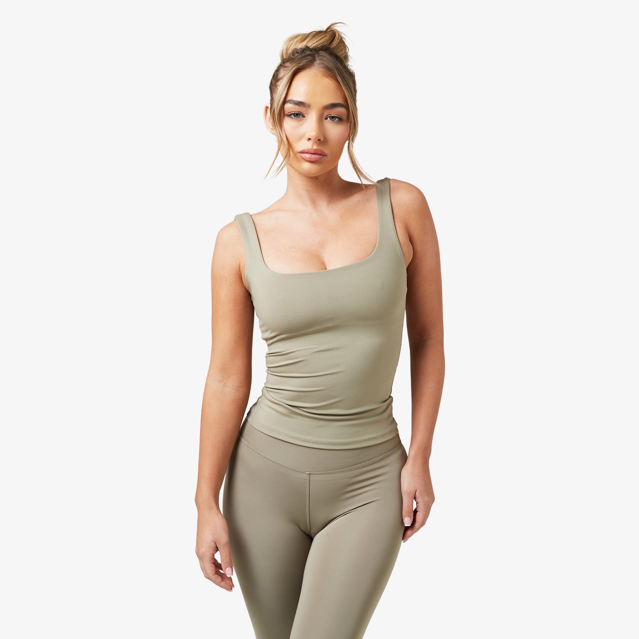 Second Skin Square Neck Vest for Women - Olive Green Stretchy Bodycon Tank Top | Perfect for Layering, Workout, Yoga & Casual Outfits