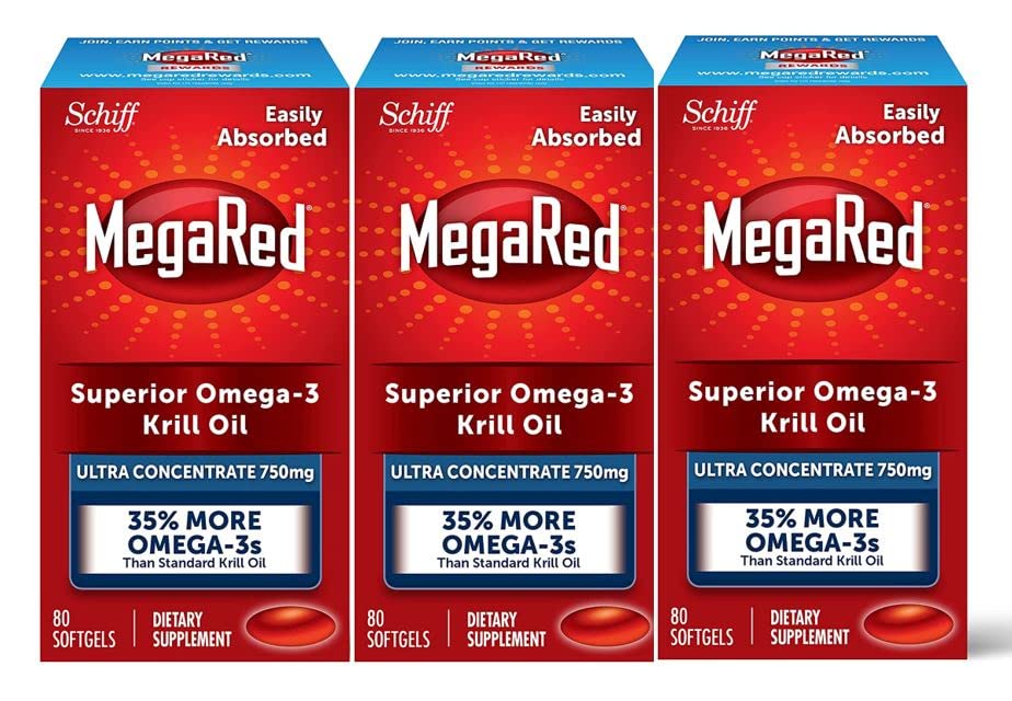 MegaRed Ultra Strength Krill Oil Omega 3 Supplement 750mg – EPA & DHA Heart Health Support with Antioxidant Astaxanthin | 80 Softgels (Pack of 3) | No Fishy Aftertaste | Supports Joint & Brain Function | Perfect for Active Lifestyles & Daily Wellness
