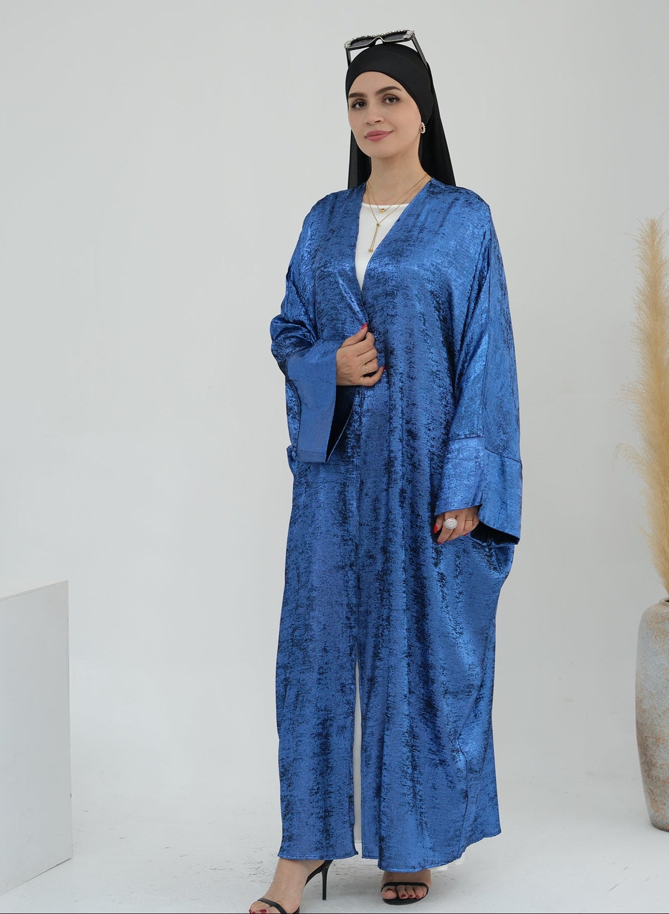 Draya Shimmer Kimono Open Abaya - Elegant Blue Muslim Abaya Dress for Women | Perfect for Prayer, Eid, Wedding & Special Occasions