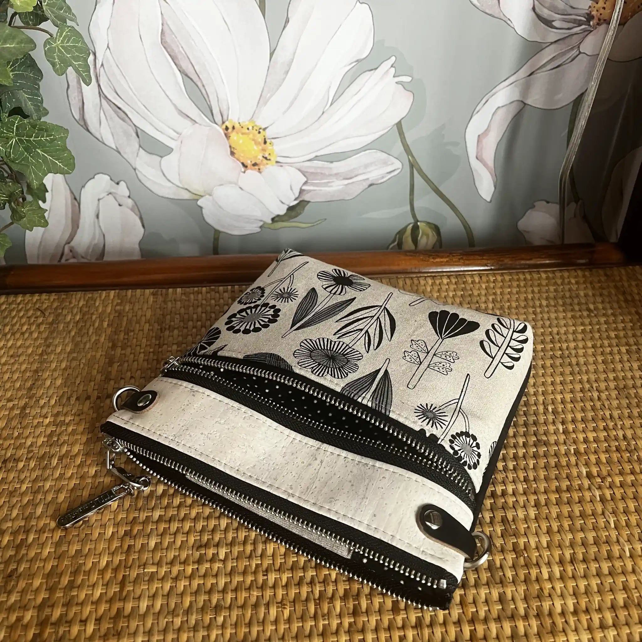 Izzy's Mom Cross Body Bag (Medium) - Off White & Black Cork with Bloom Fabric, Nickel Hardware | Stylish and Functional Purse for Women, Perfect for Daily Use, Travel, and Shopping