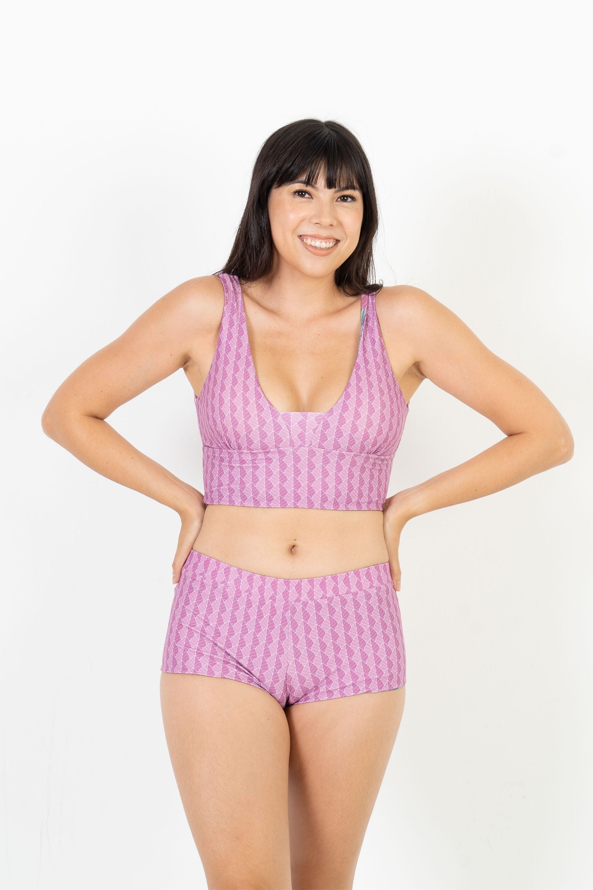 Reversible Sipadan Crop Bikini Top - Purple Leaf & Botanical Print | Women's Swimwear for Beach, Pool & Vacation