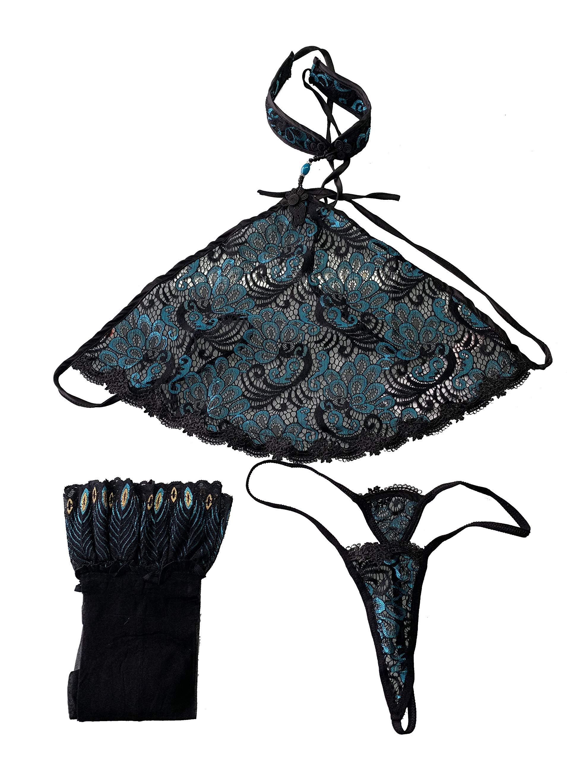 Vintage Peacock Feather Lingerie Set for Women - Sexy Apron, Stockings & Panties in Blue | Burlesque, Cosplay & Boudoir Photography Outfit