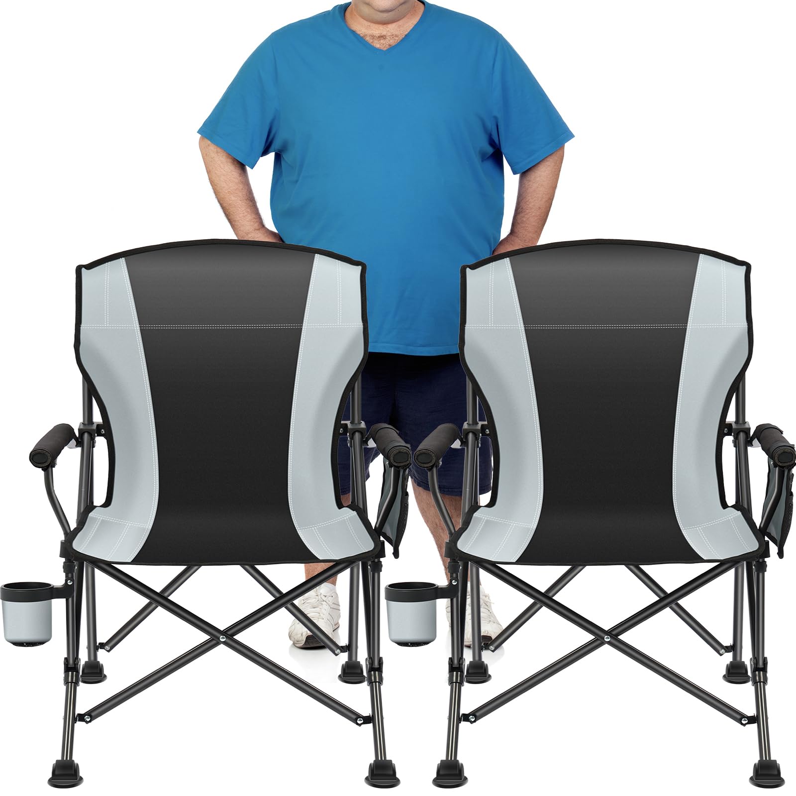 2 Pack Heavy Duty Oversized Folding Camping Chairs for Adults - 450 lbs Weight Capacity, Portable Lawn Chairs with Side Pockets for Outdoor Camping, Beach, Fishing, Picnic & Hiking - Perfect for Backyard BBQs, Tailgating and Concert Events