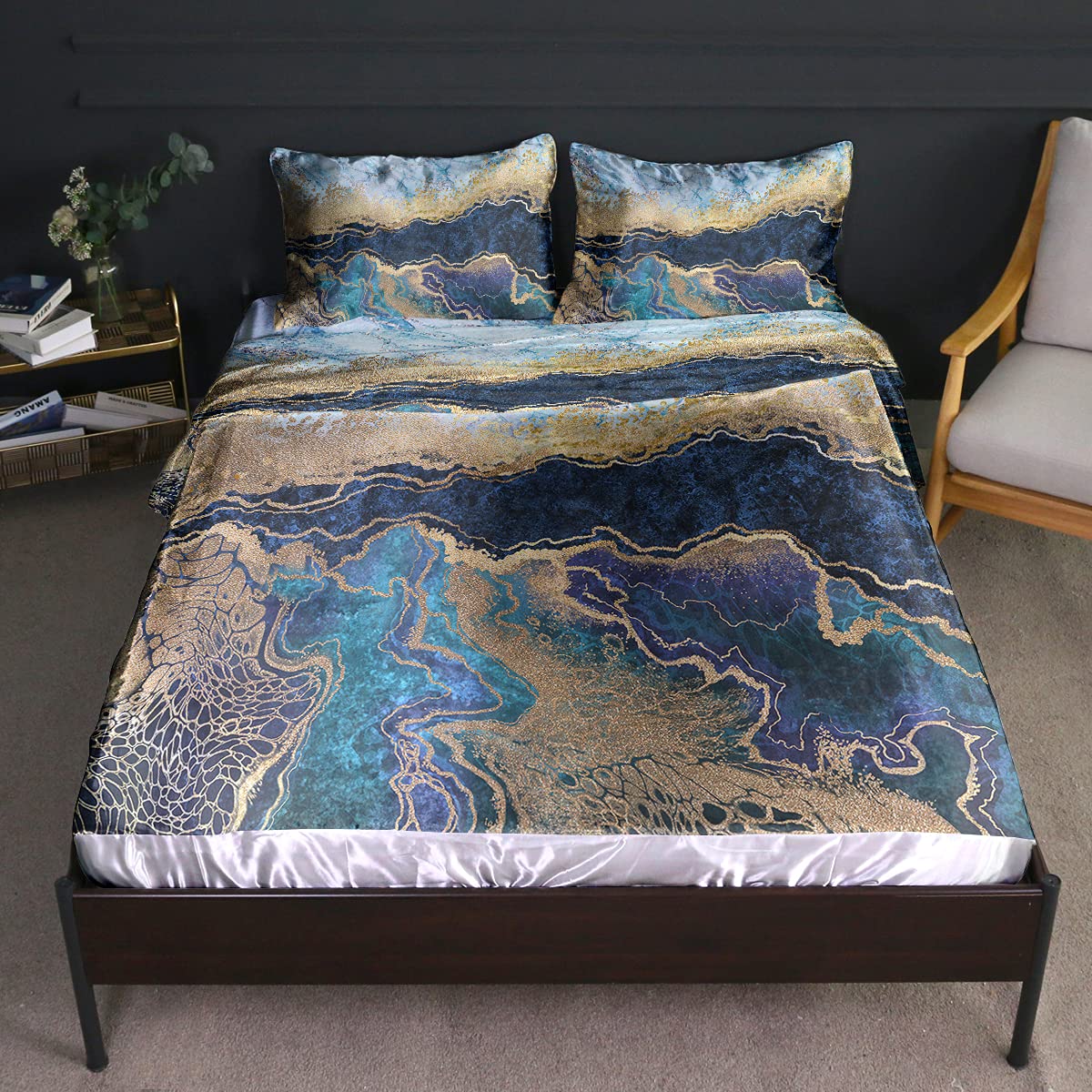 BlessLiving King Size Satin Silk Bed Sheets Set 4-Piece - Soft Silky Watercolor Marble Design with Flat & Fitted Sheets - Luxury Hotel Quality Bedding in Navy Blue & Gold - Perfect for Master Bedroom, Guest Room & Airbnb Stays