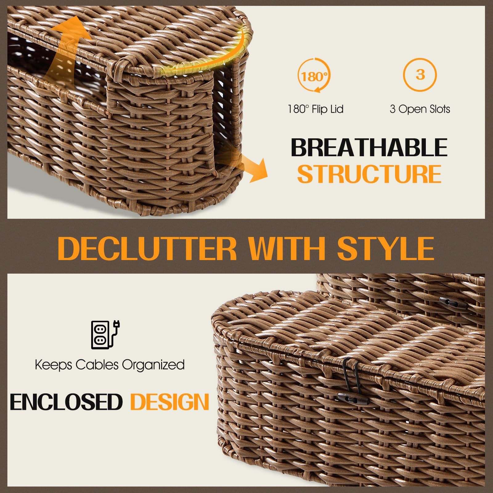 FairyHaus 2-Pack Woven Cable Management Box - Small & Large Cord Organizer to Hide Power Strips & Wires | Brown Wicker-Style Desk & Floor Cable Hider for Home Office, Living Room & Bedroom Organization