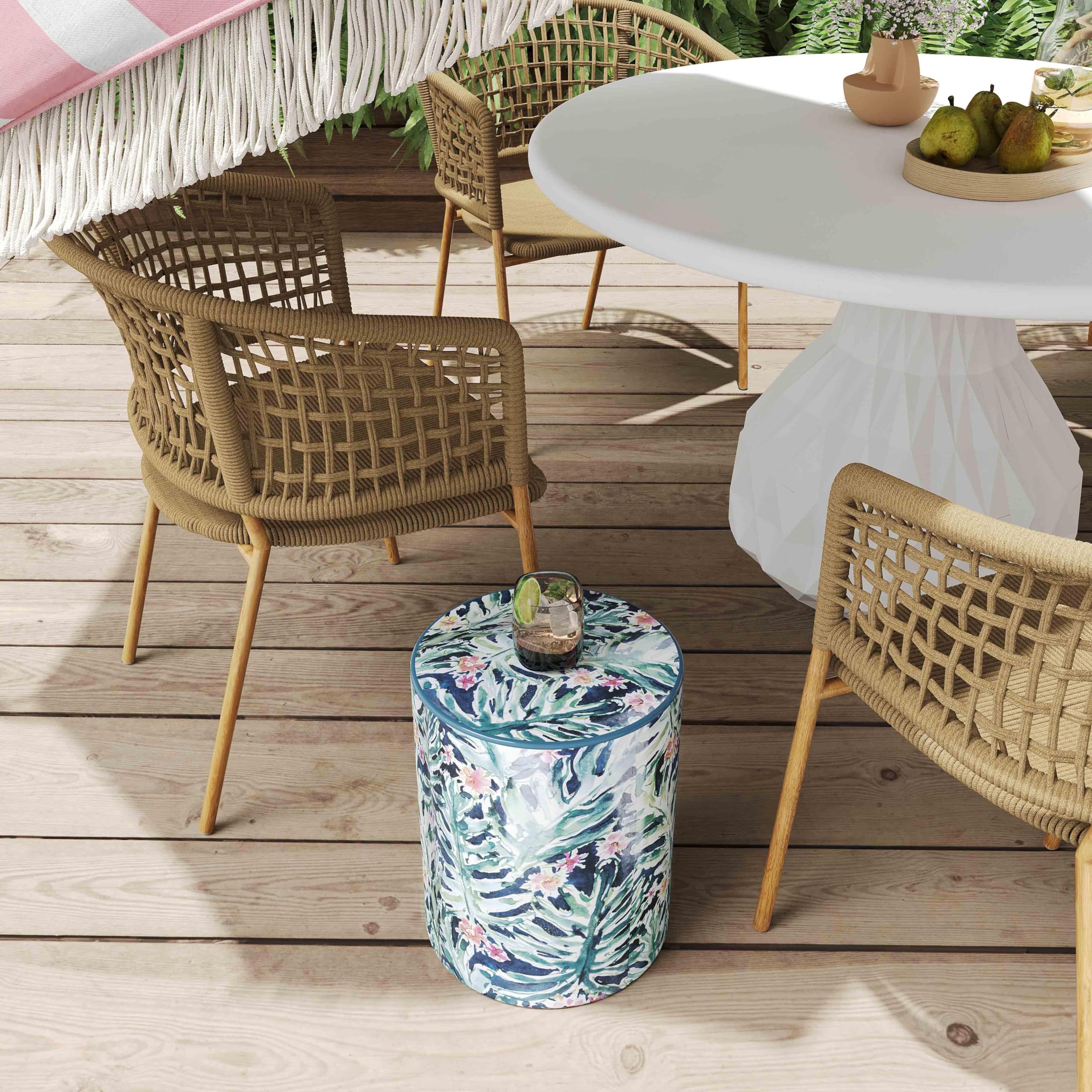 Tov Furniture Taurus Ceramic Stool with Garden Print - Decorative Outdoor & Indoor Accent Stool for Patio, Garden, Living Room, or Entryway