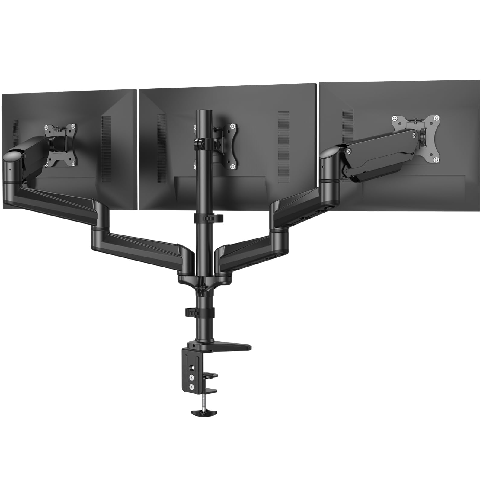 HUANUO Triple Monitor Stand for 17-32 Inch Screens - Adjustable Gas Spring Arm with Swivel, Tilt & Rotation - Heavy Duty Clamp & Grommet Mounting Kit (Black) - Perfect for Gaming, Office & Home Workstations