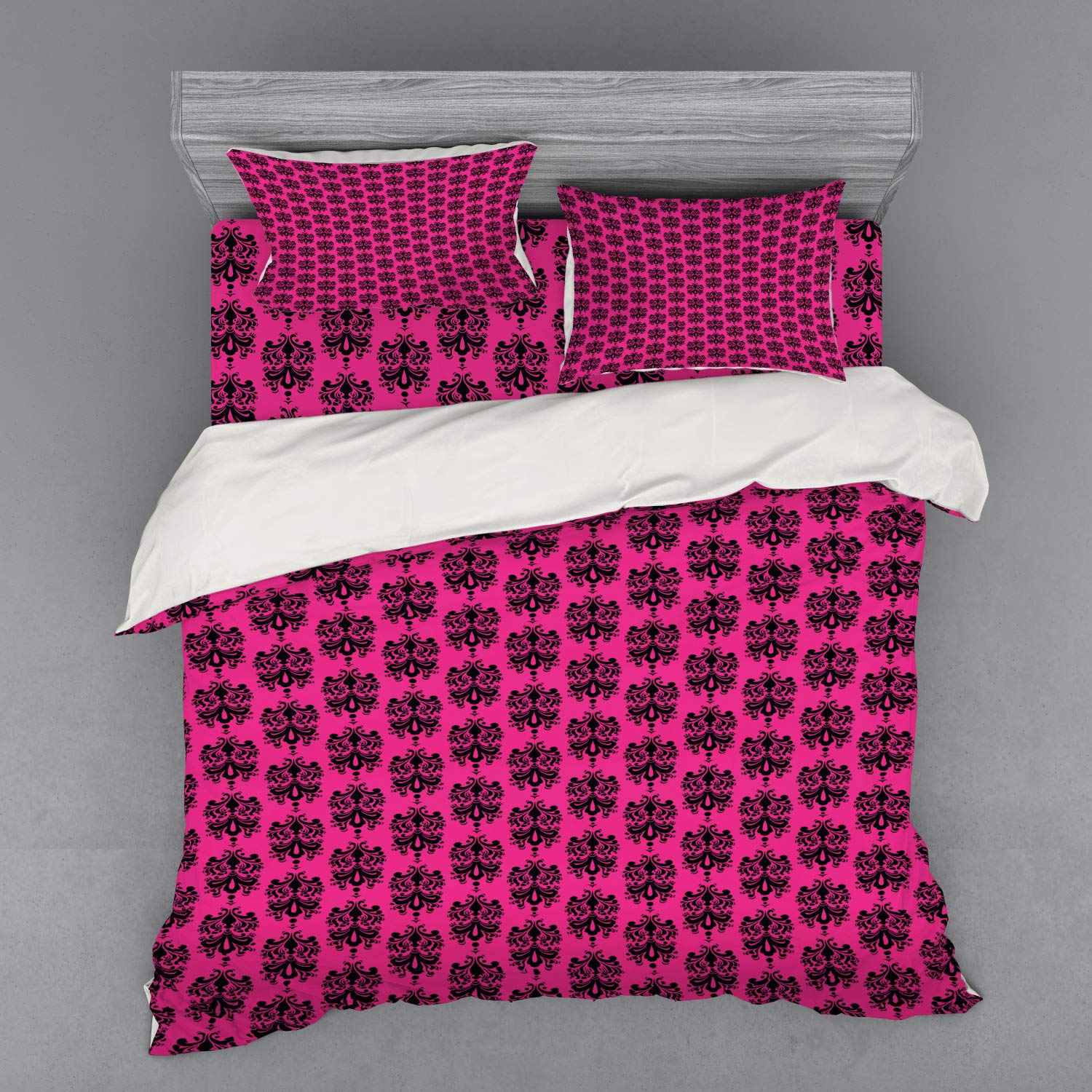 Ambesonne King Size 4-Piece Duvet Cover Set - Hot Pink & Black Oriental Damask Design, Includes Shams & Fitted Sheet | Luxurious Eastern-Themed Bedding for Master Bedroom, Guest Room, or Dorm Decor