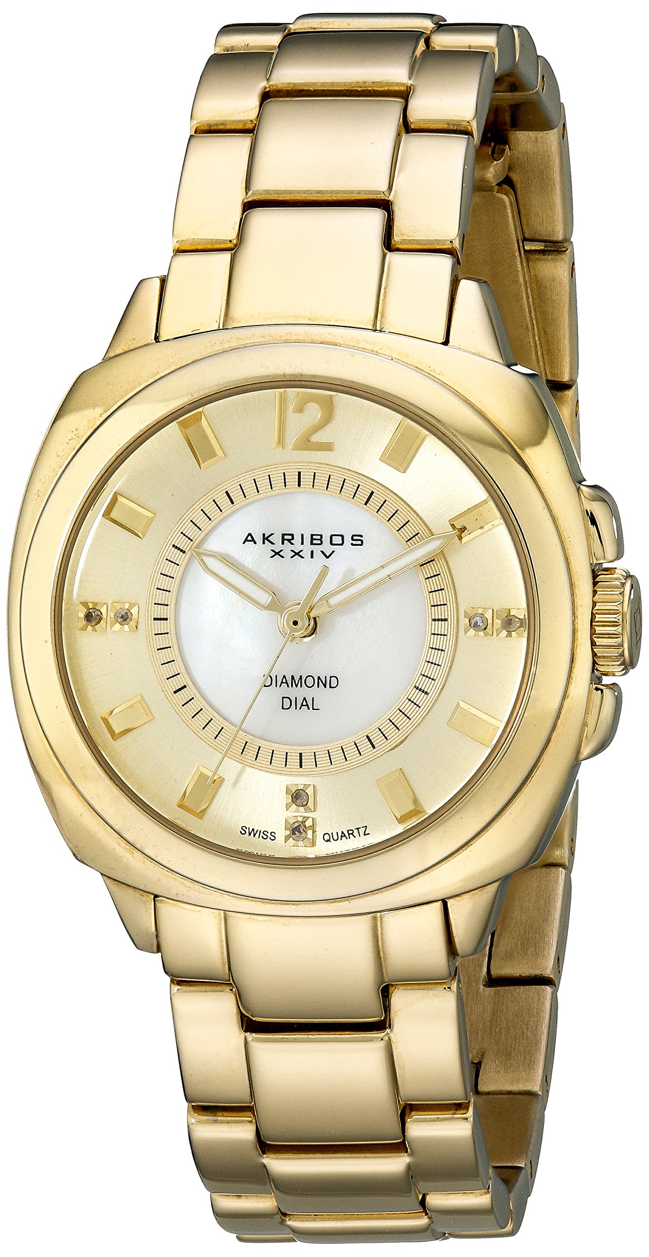 Akribos XXIV Women's Swiss Quartz Watch - 6 Diamond Hour Markers, Mother-of-Pearl Dial, Polished Link Bracelet - Elegant Dress Watch for Business, Party & Special Occasions - AK668