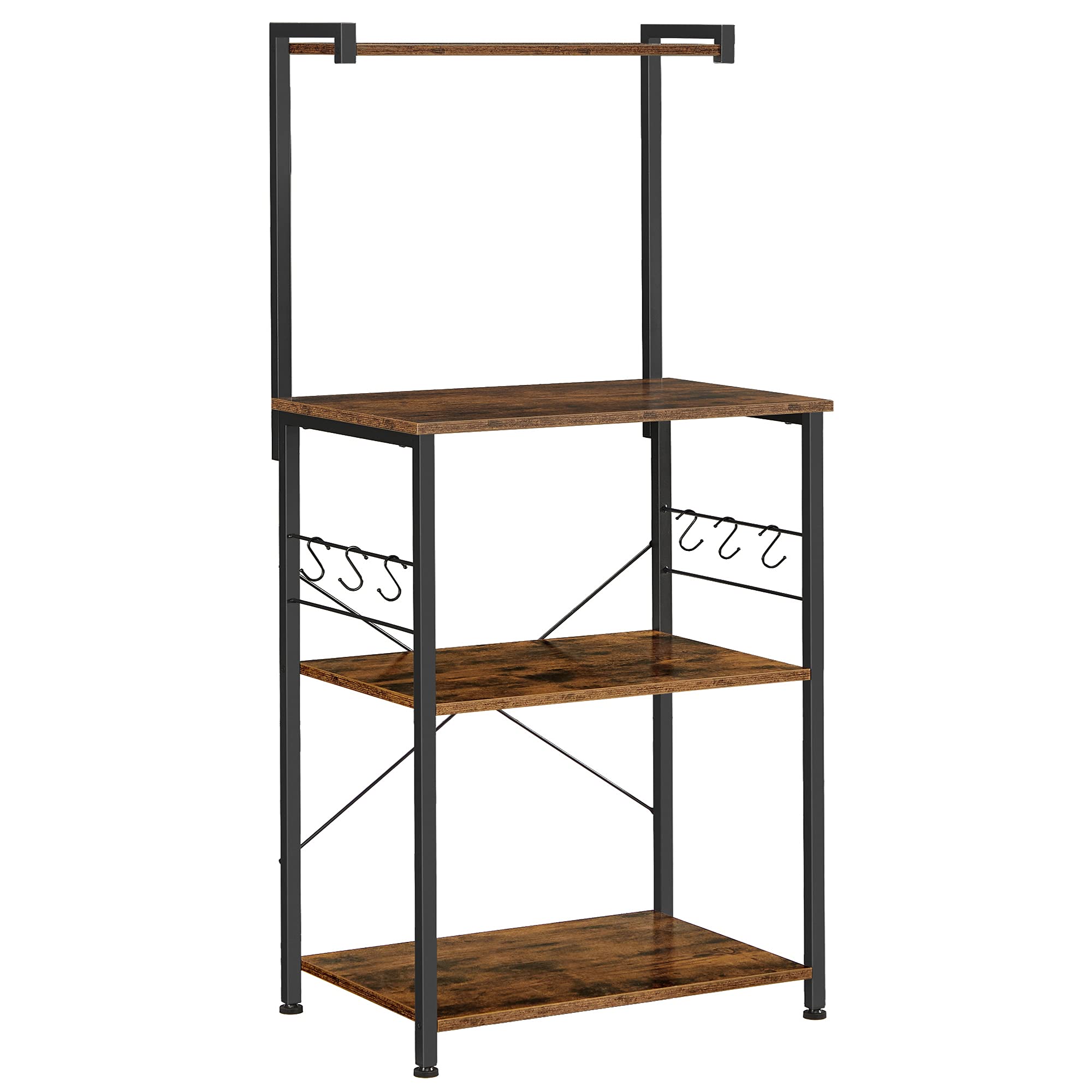 VASAGLE 3-Tier Industrial Kitchen Storage Shelf - Rustic Brown & Black Baker's Rack with 6 S-Hooks for Microwave, Spice Jars, Pots & Pans - Perfect for Coffee Bar, Pantry Organization & Small Space Saving