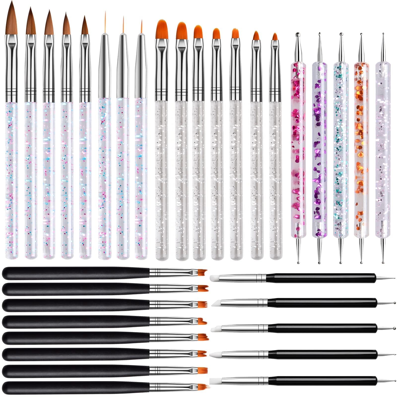 EBANKU 33pcs Acrylic Nail Brush Set - Professional UV Gel Nail Art Brushes Kit with Builder Brush, 3D Dotting Tools & Liner Painting Pens - Perfect for Nail Salon & Home DIY Manicure - Great for Nail Extensions, Gel Polish & Creative Nail Art Designs