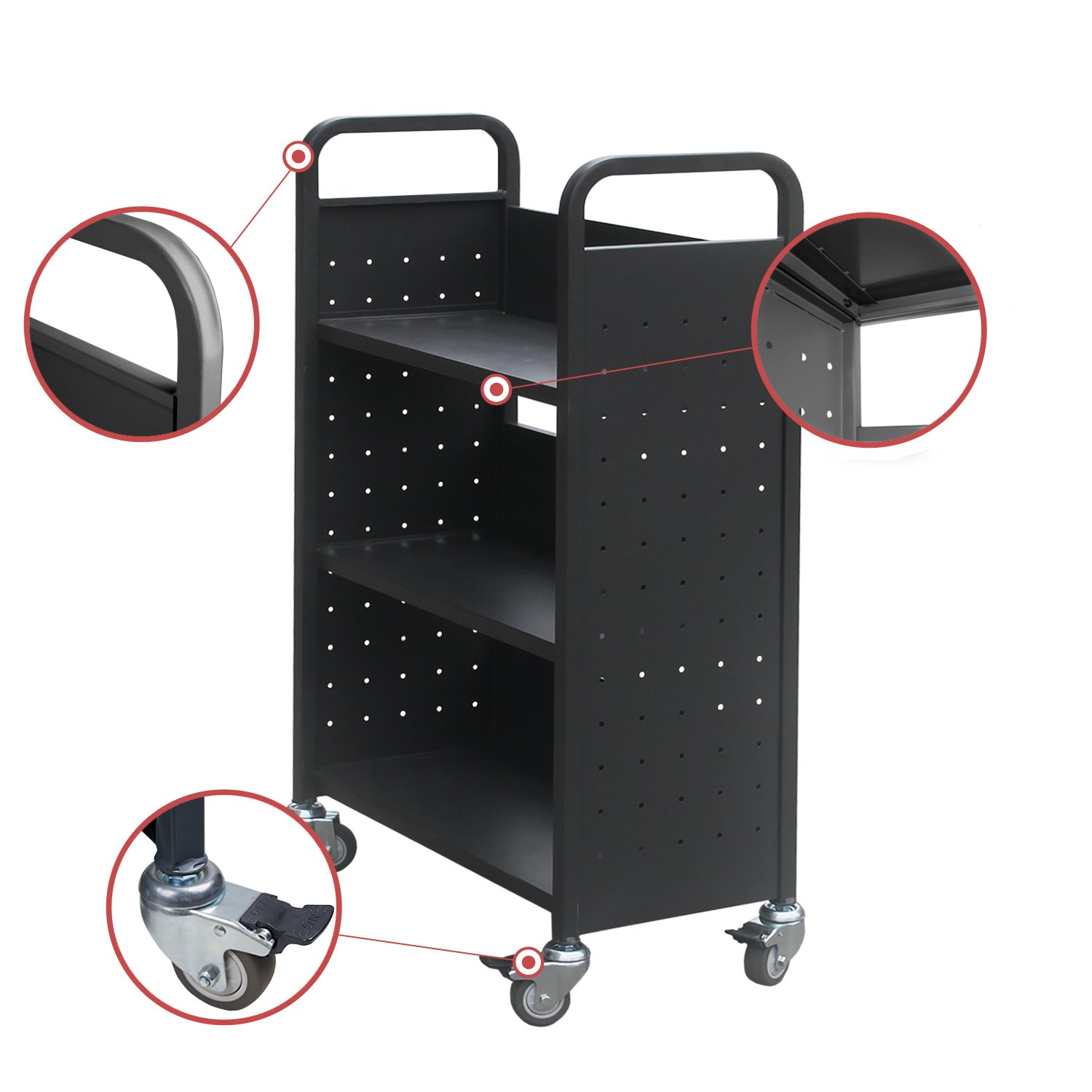H&A Heavy Duty Book Cart with Wheels - 4-Wheel Rolling Library Cart, 3-Shelf Mobile Bookcase for Office, School & Library Storage - Black | Ideal for Classroom Organization, Book Circulation & Office Supplies Transport