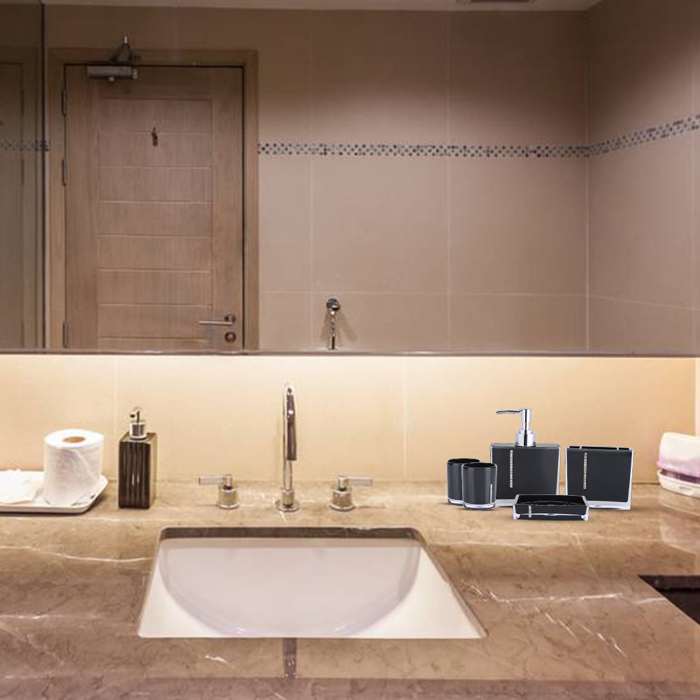 5-Piece Luxury Bathroom Accessories Set - Soap Dispenser, Toothbrush Holder, Cup, Tumbler & Lotion Bottle for Modern Vanity | Spa-Inspired Bath Decor for Home & Hotel Use