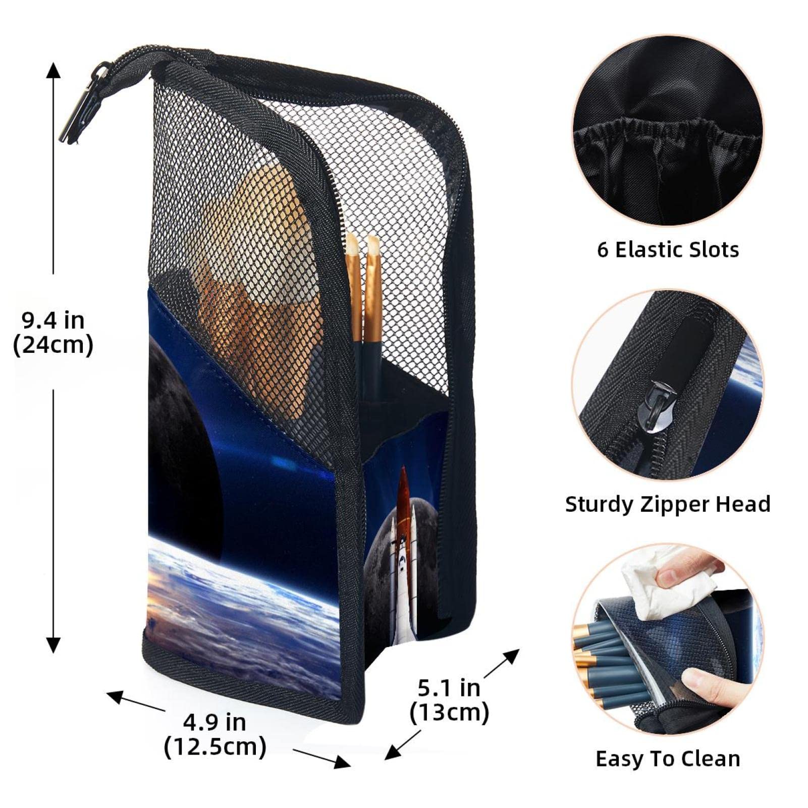 Premium Makeup Brush Organizer Bag with 12 Brushes - Spacecraft Moon Earth Rocket Design - Portable Cosmetic Brush Holder Case for Travel & Home Storage