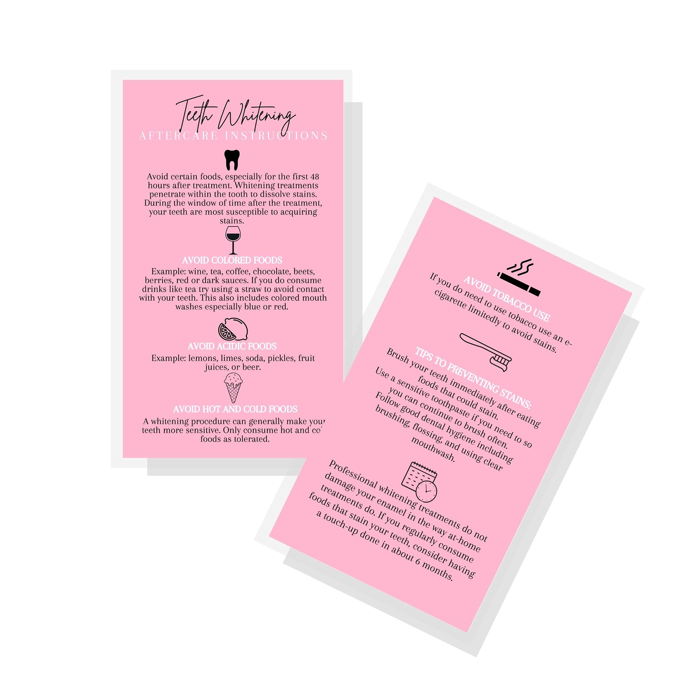 Premium Teeth Whitening Aftercare Instruction Cards - 50 Pack | 2x3.5 Inch Business Card Size | Pink Wallet-Friendly Design | Perfect for Dental Clinics, Salons & Home Whitening Kits