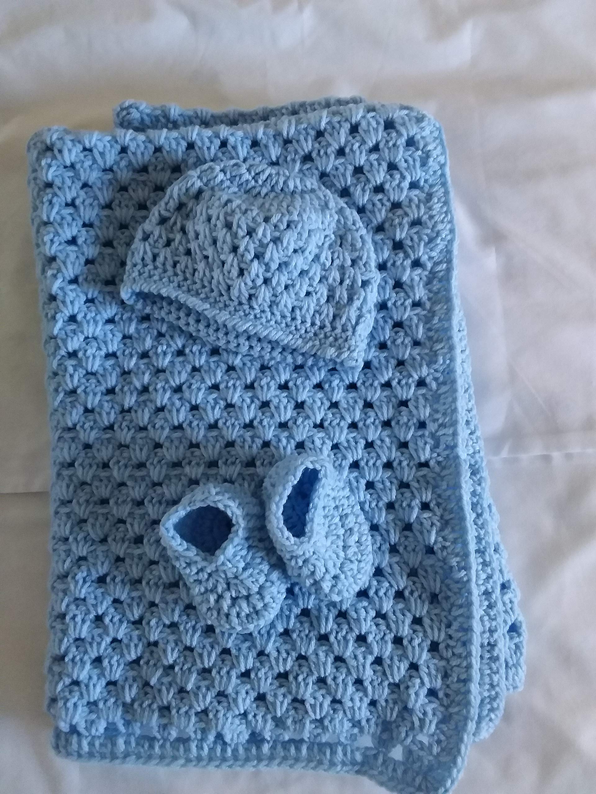 Handmade Crochet Blue Baby Blanket Set with Matching Hat & Booties - Soft Newborn Gift for Baby Shower, Christening or Nursery - Perfect for Photography, Cuddling & Special Occasions